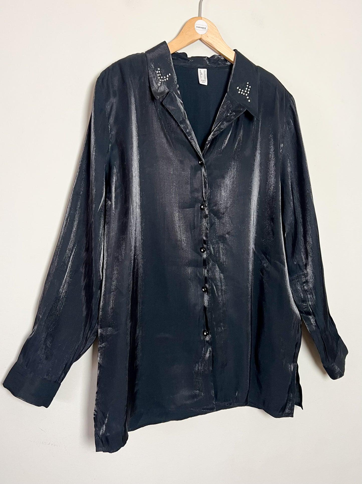 Chemisier Tunique Noir Moiré Vintage - Broderies & Strass - Chic - T42/44