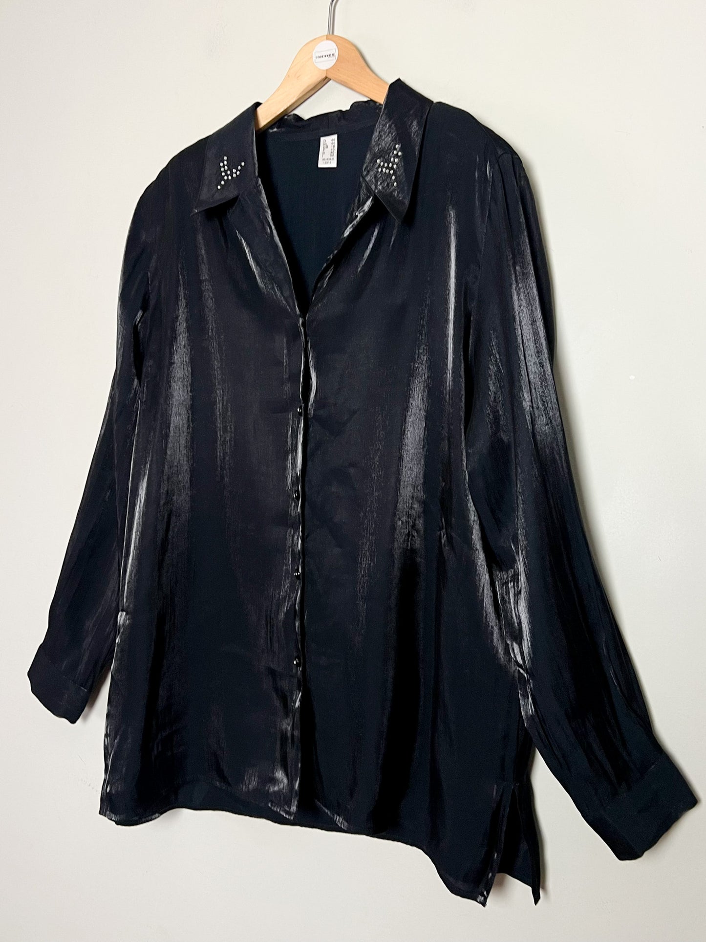 Chemisier Tunique Noir Moiré Vintage - Broderies & Strass - Chic - T42/44