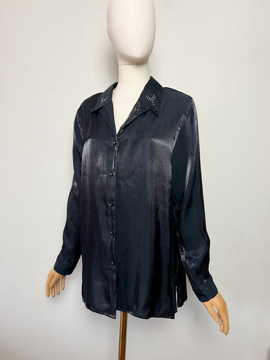Chemisier Tunique Noir Moiré Vintage - Broderies & Strass - Chic - T42/44