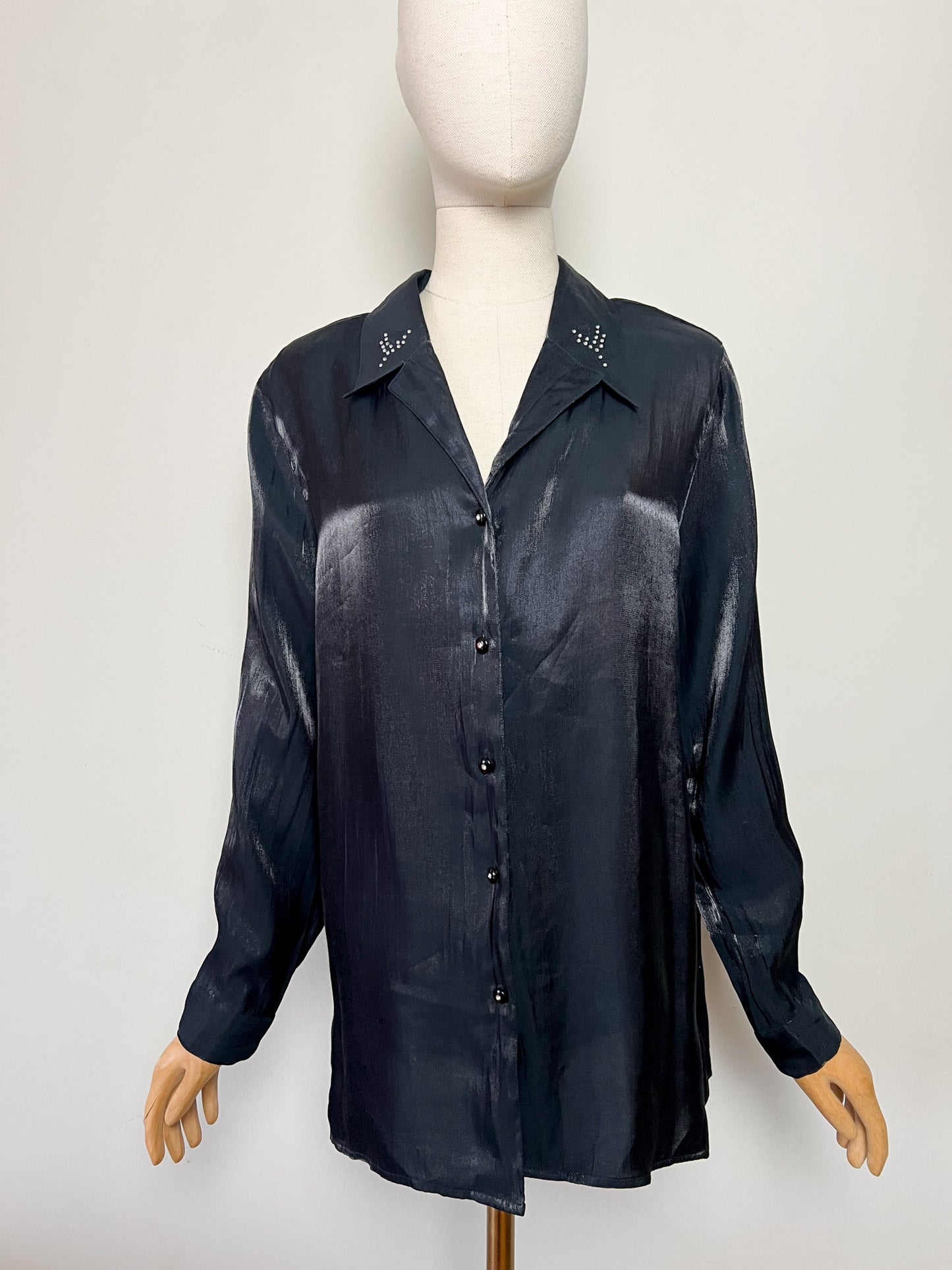 Chemisier Tunique Noir Moiré Vintage - Broderies & Strass - Chic - T42/44