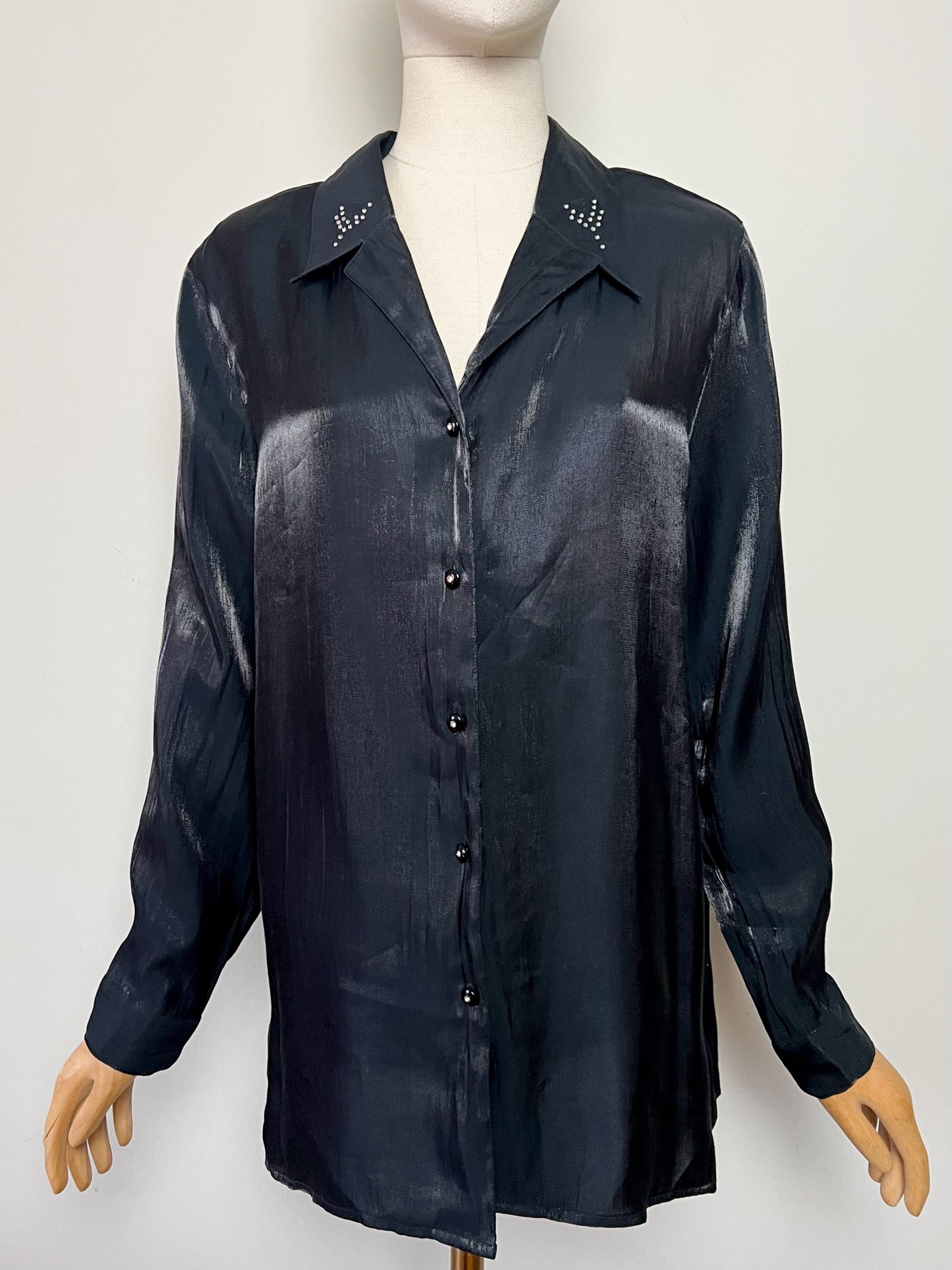 Chemisier Tunique Noir Moiré Vintage - Broderies & Strass - Chic - T42/44