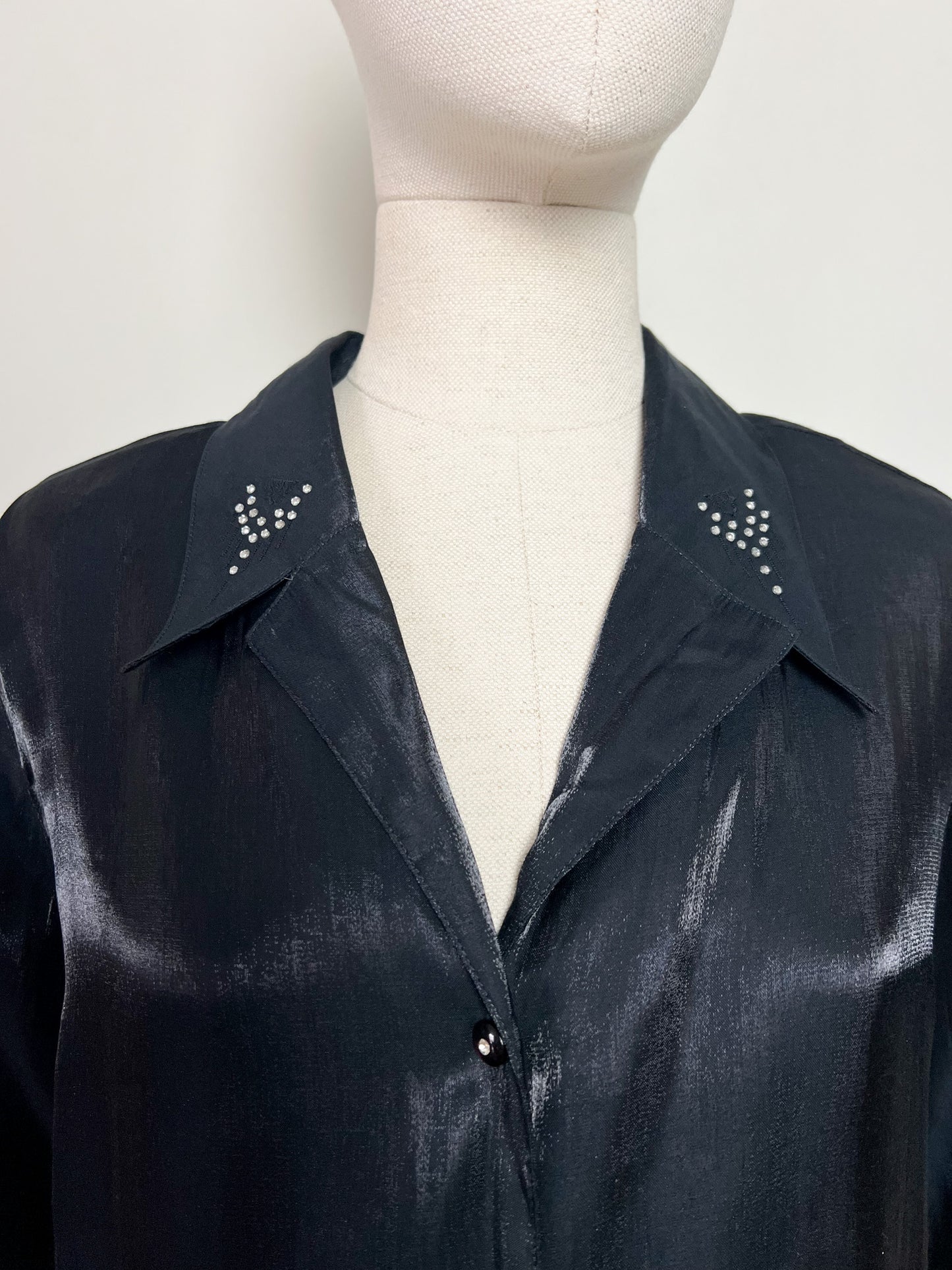 Chemisier Tunique Noir Moiré Vintage - Broderies & Strass - Chic - T42/44