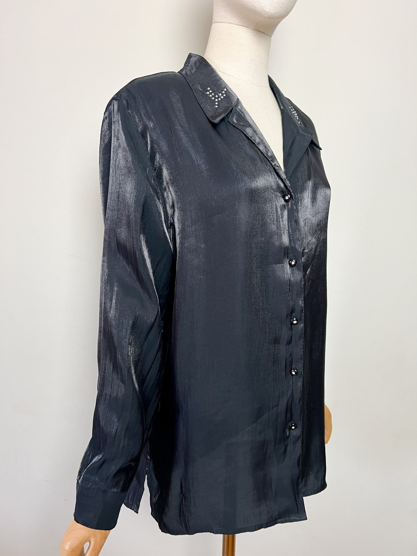 Chemisier Tunique Noir Moiré Vintage - Broderies & Strass - Chic - T42/44