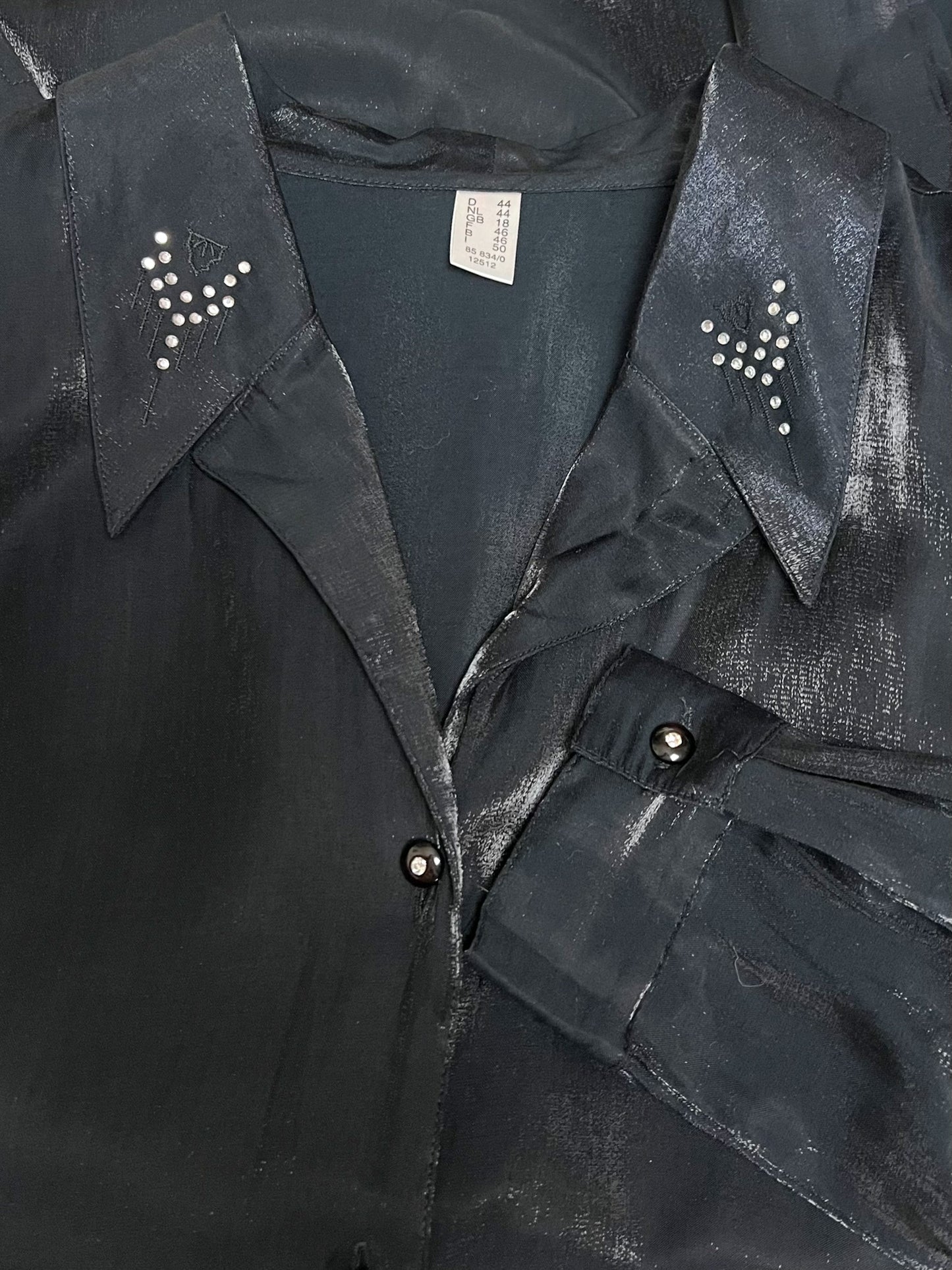 Chemisier Tunique Noir Moiré Vintage - Broderies & Strass - Chic - T42/44
