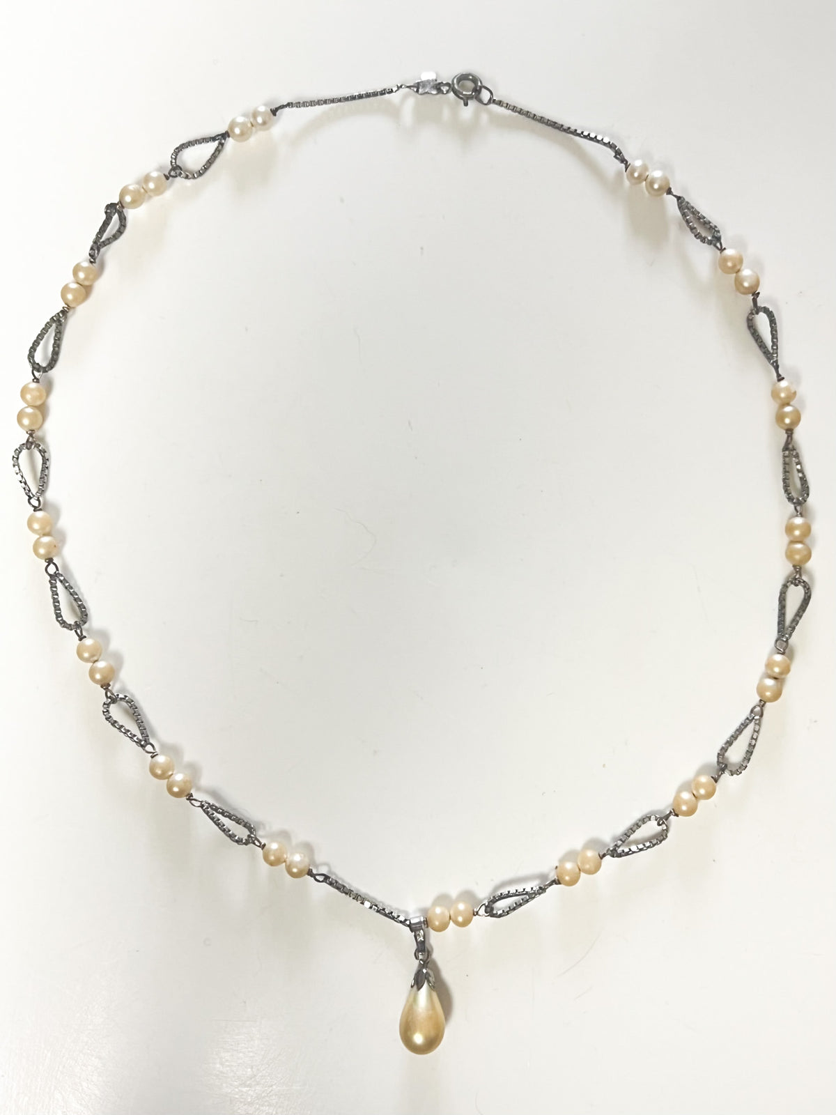 Collier vintage Art Déco en Argent 925 & perles – Pendentif goutte