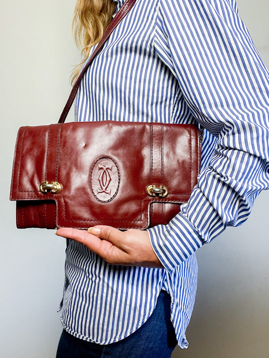 Sac Vintage MG France - Cuir Bicolore Brun & Bordeaux - Sacoche Épaule Amovible - Années 70/80