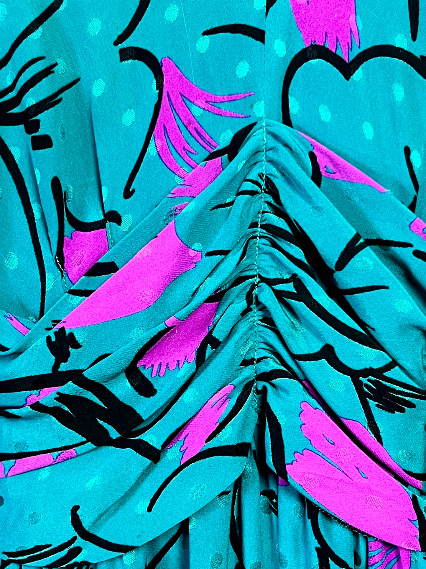 Robe GUY LAROCHE Vintage Luxe 100% Soie - Imprimé Abstrait Vif - Années 80 - Vert Émeraude, Fuchsia, Noir - Taille 38