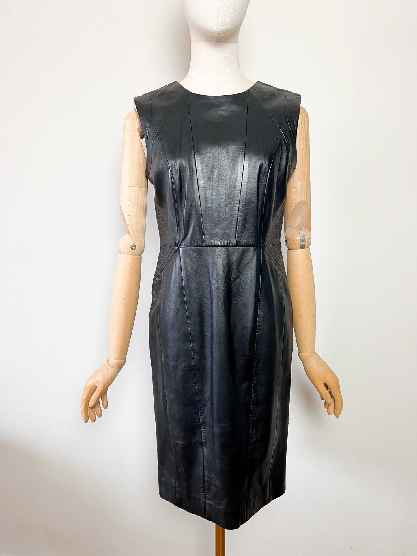 Robe Fourreau en Cuir Véritable Noir - Style Minimal des Années 90 - T38
