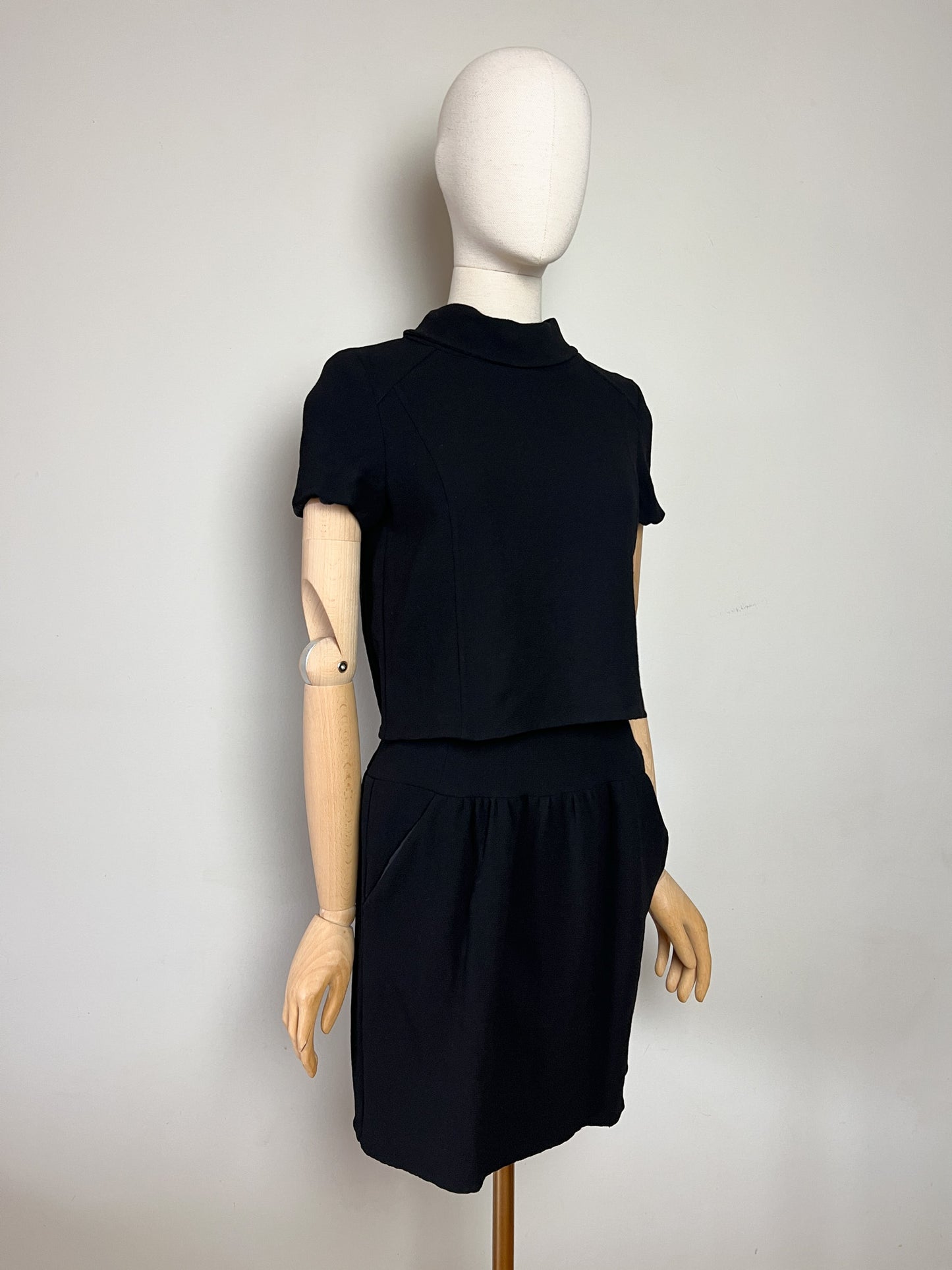 Robe Vintage Oscar de la Renta Noire - 100% Laine - Effet Faux Deux Pièces - Années 80 - Taille 36/38
