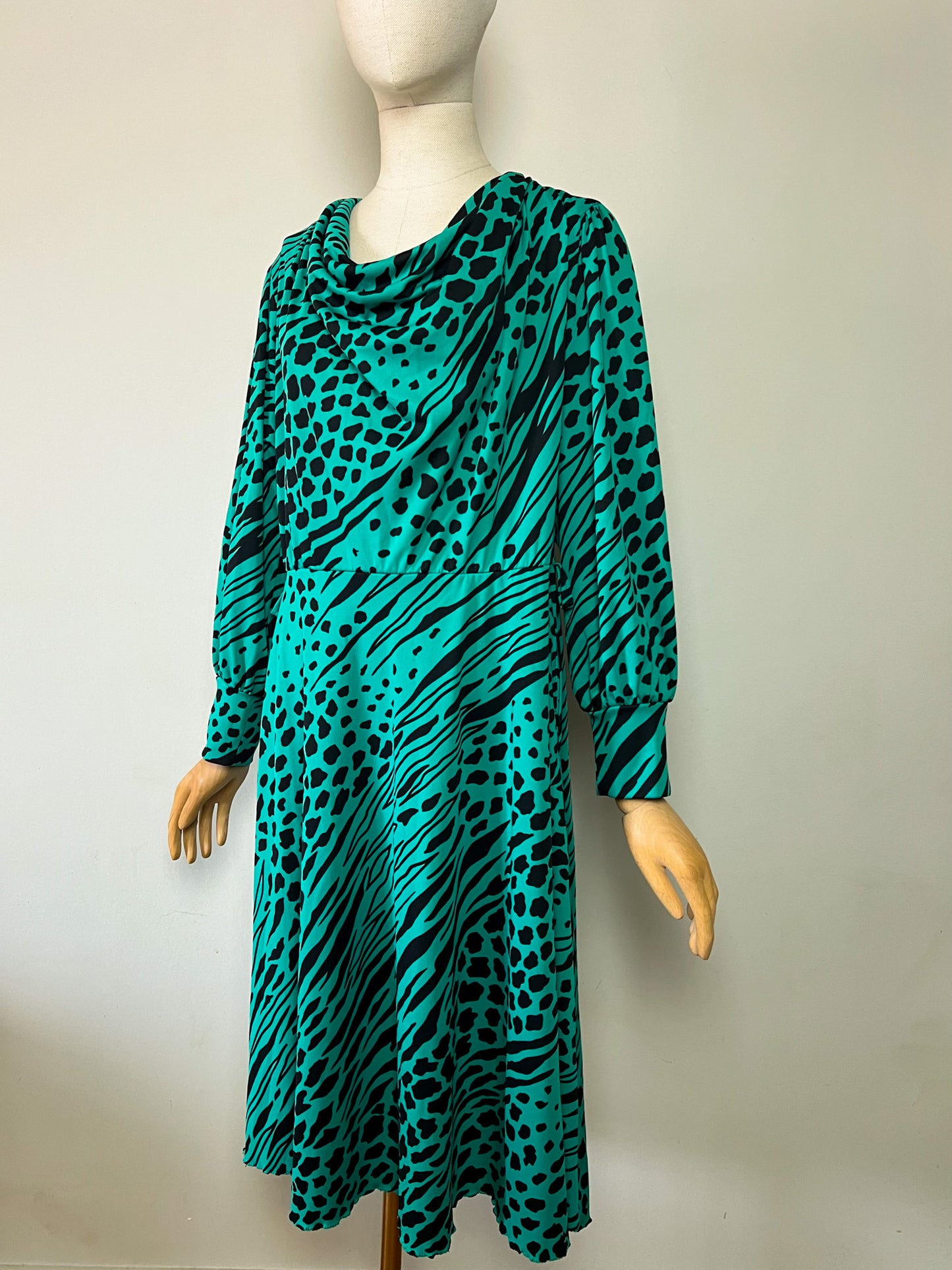 Robe Midi Vintage Verte & Noire - Imprimé Animalier - Made in France - T 40/42