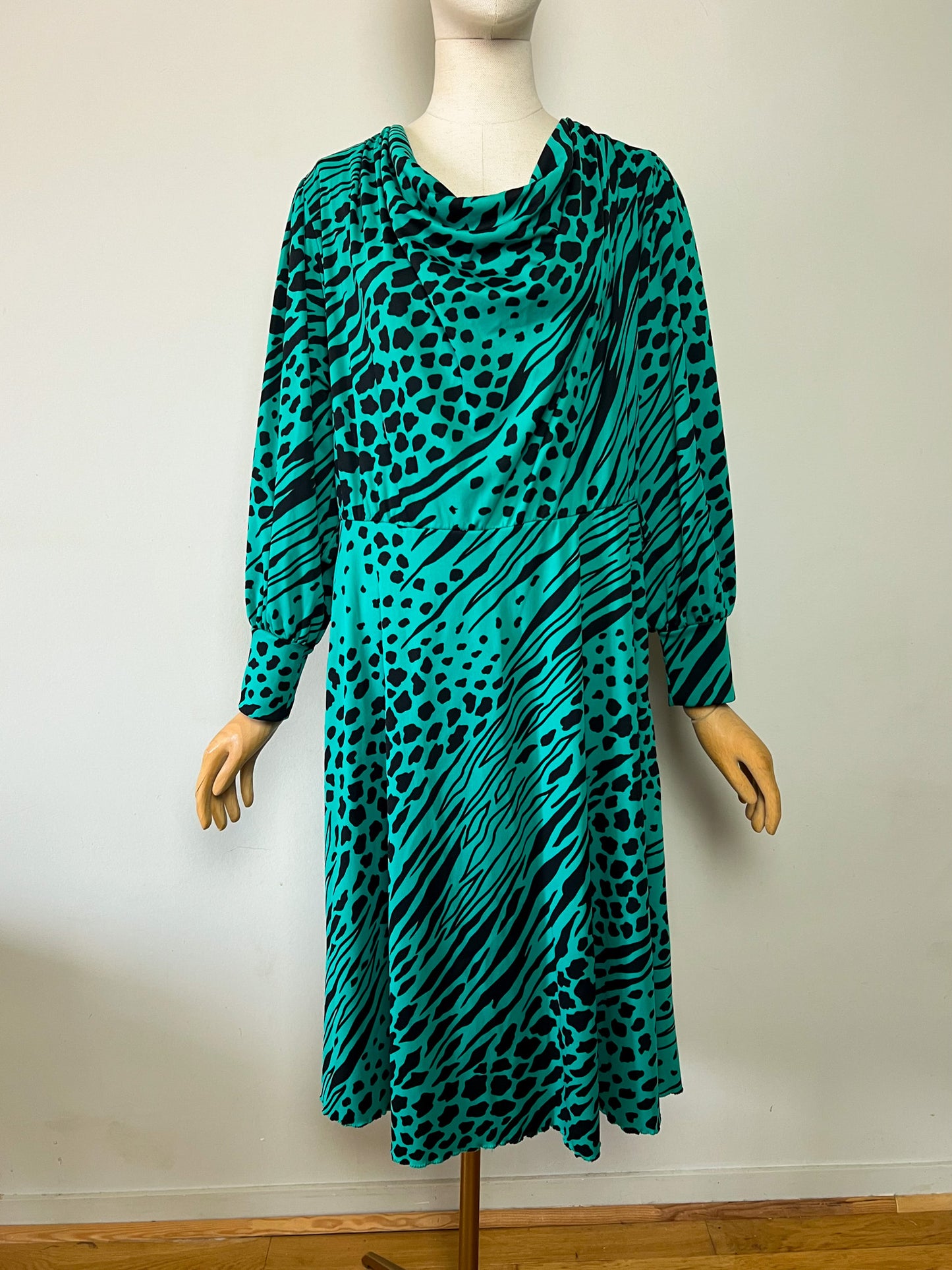Robe Midi Vintage Verte & Noire - Imprimé Animalier - Made in France - T 40/42