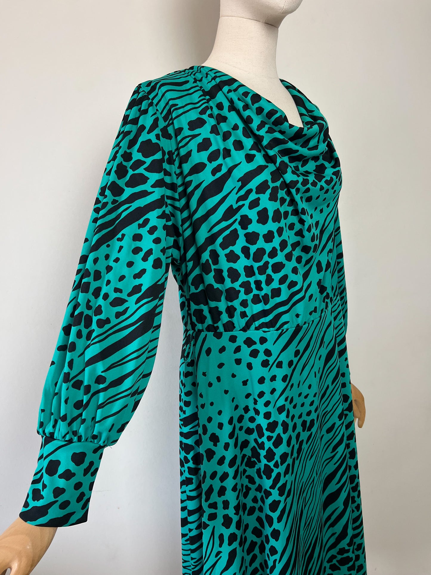 Robe Midi Vintage Verte & Noire - Imprimé Animalier - Made in France - T 40/42