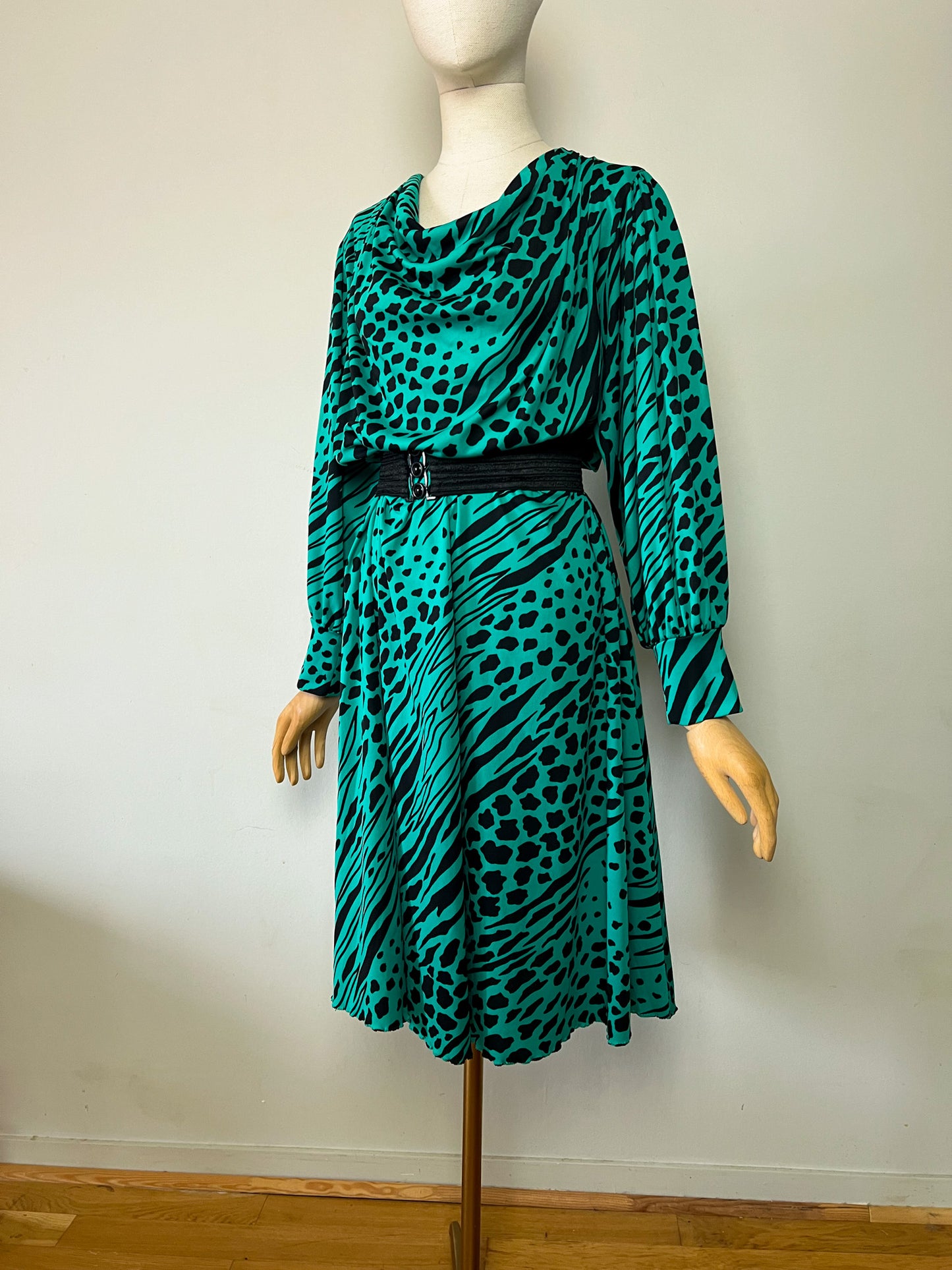 Robe Midi Vintage Verte & Noire - Imprimé Animalier - Made in France - T 40/42