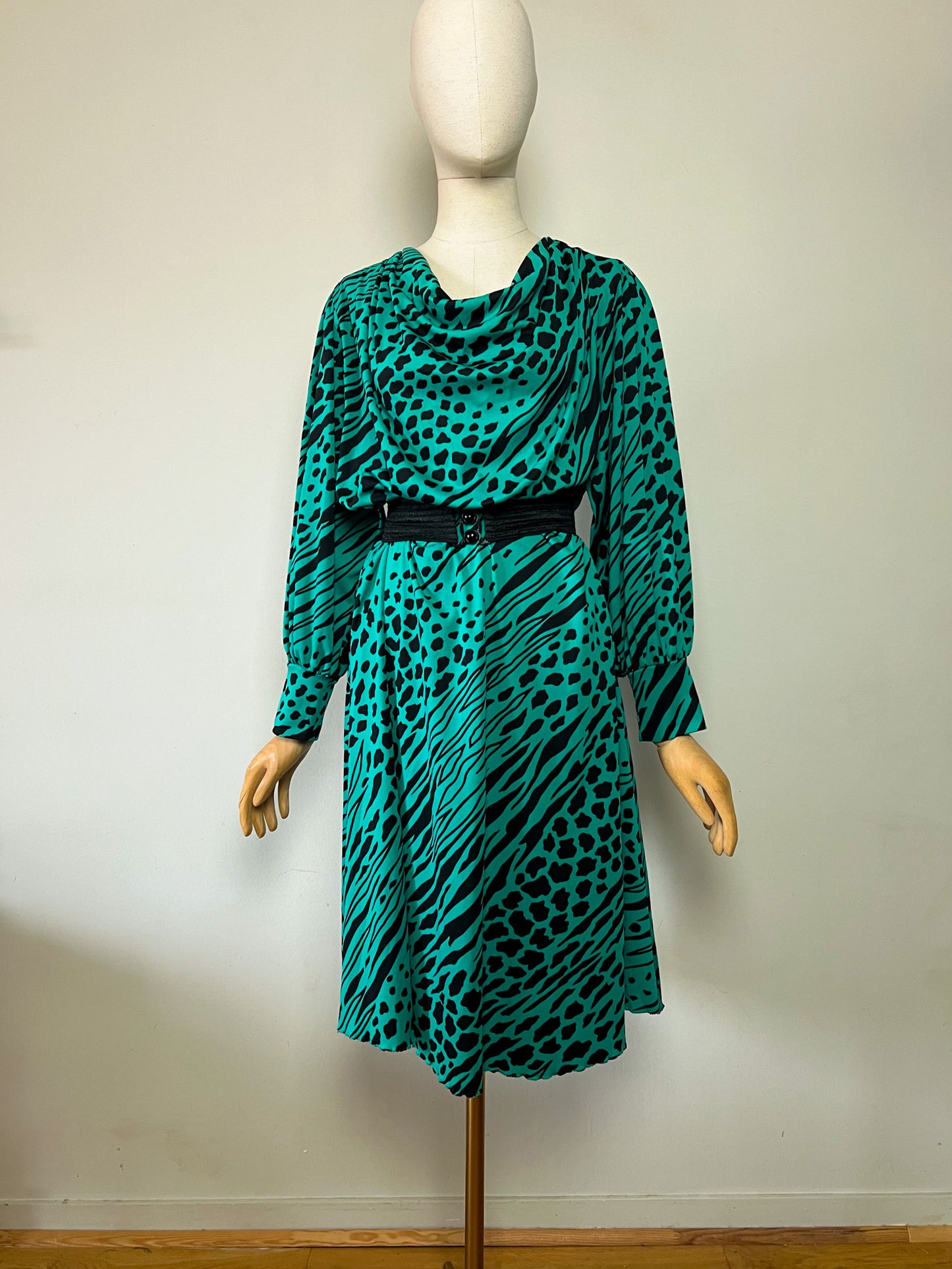 Robe Midi Vintage Verte & Noire - Imprimé Animalier - Made in France - T 40/42