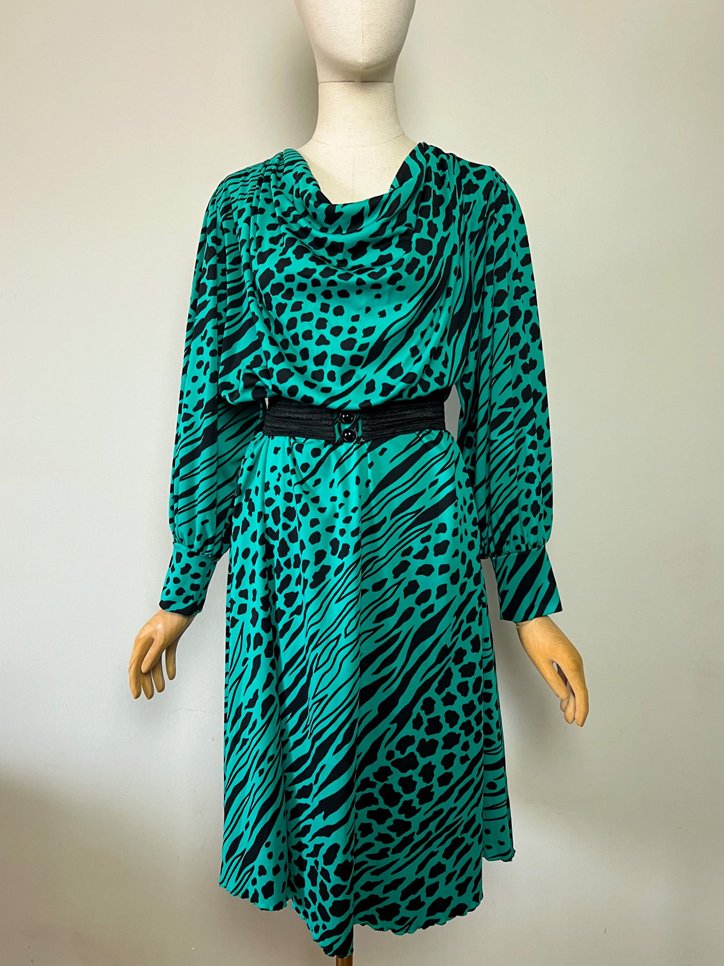 Robe Midi Vintage Verte & Noire - Imprimé Animalier - Made in France - T 40/42