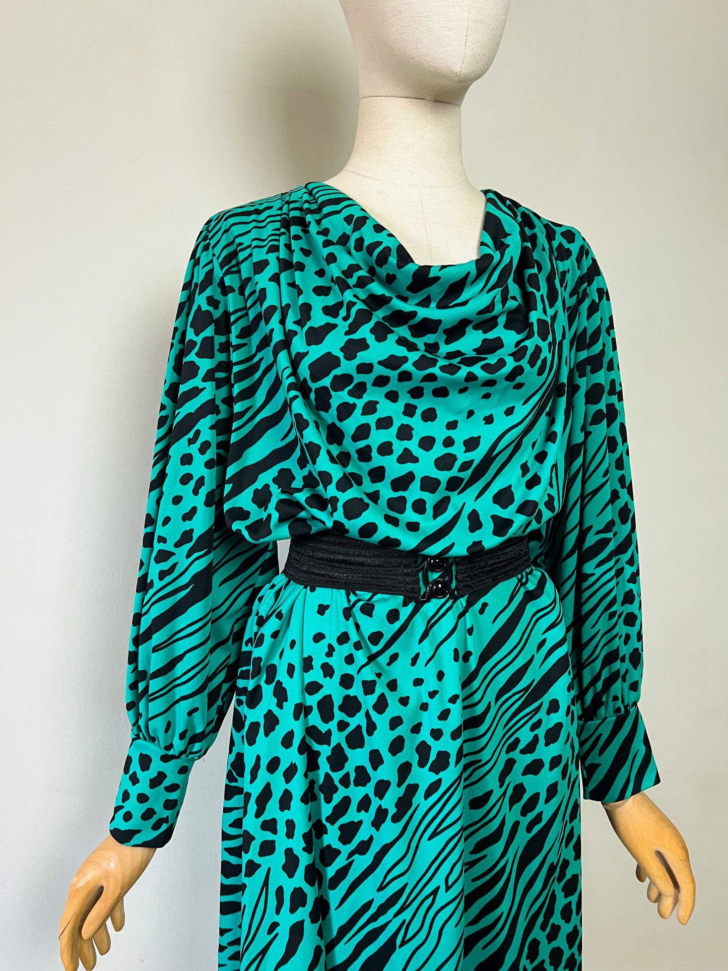 Robe Midi Vintage Verte & Noire - Imprimé Animalier - Made in France - T 40/42
