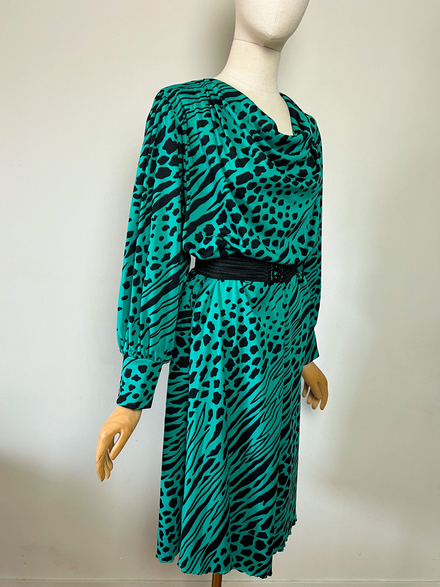 Robe Midi Vintage Verte & Noire - Imprimé Animalier - Made in France - T 40/42
