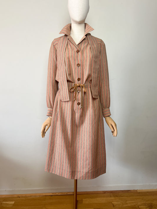 Robe Chemise Céline Sport Vintage Années 70 - Imprimé Géométrique Iconique & Foulard Assorti - Made in France - Taille 36/38