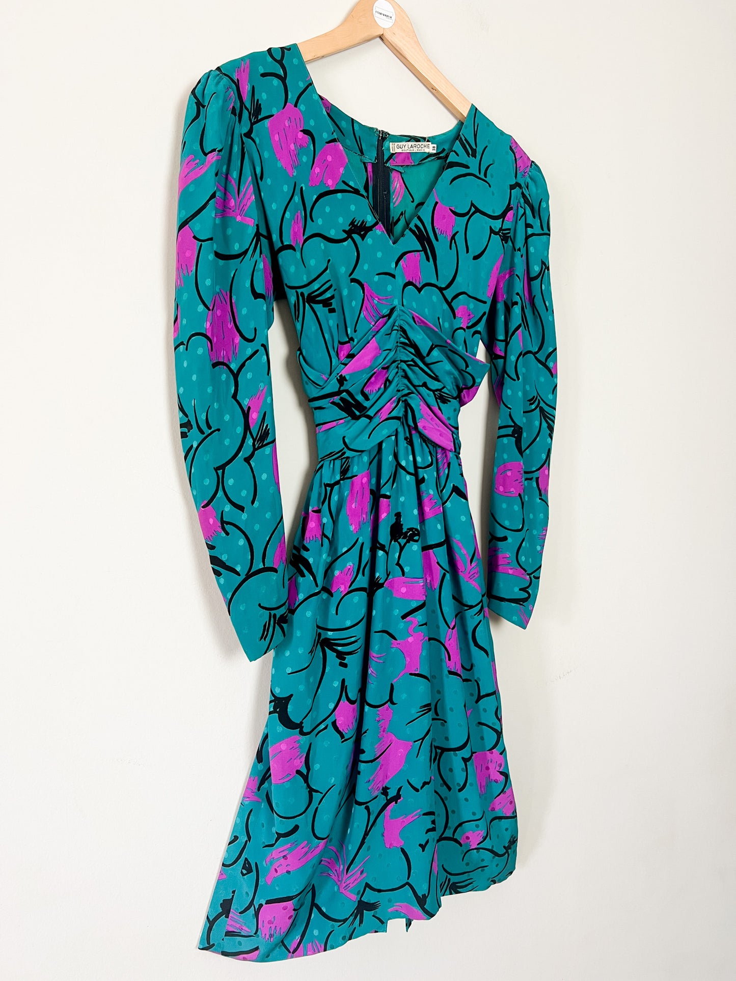 Robe GUY LAROCHE Vintage Luxe 100% Soie - Imprimé Abstrait Vif - Années 80 - Vert Émeraude, Fuchsia, Noir - Taille 38