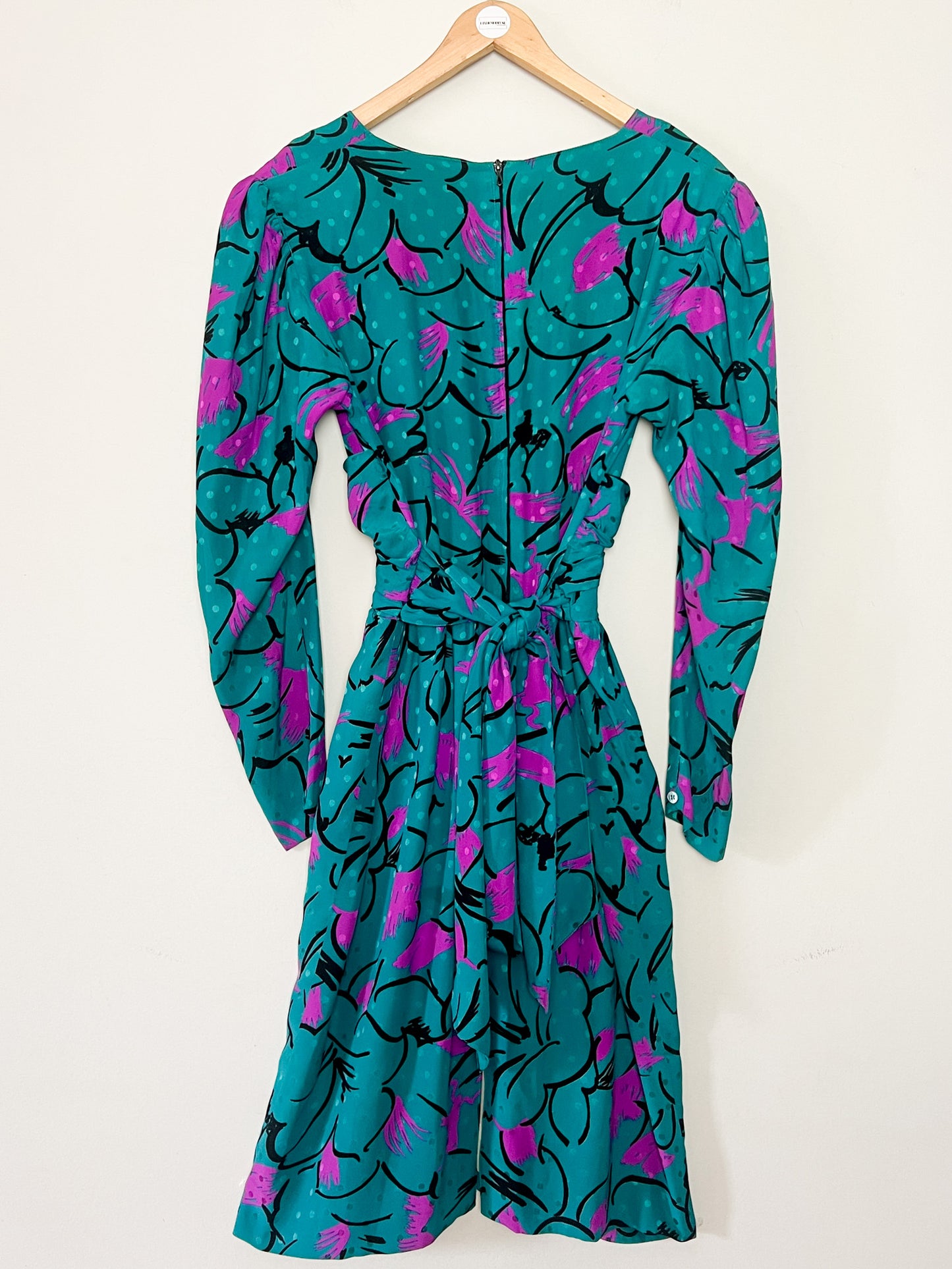 Robe GUY LAROCHE Vintage Luxe 100% Soie - Imprimé Abstrait Vif - Années 80 - Vert Émeraude, Fuchsia, Noir - Taille 38