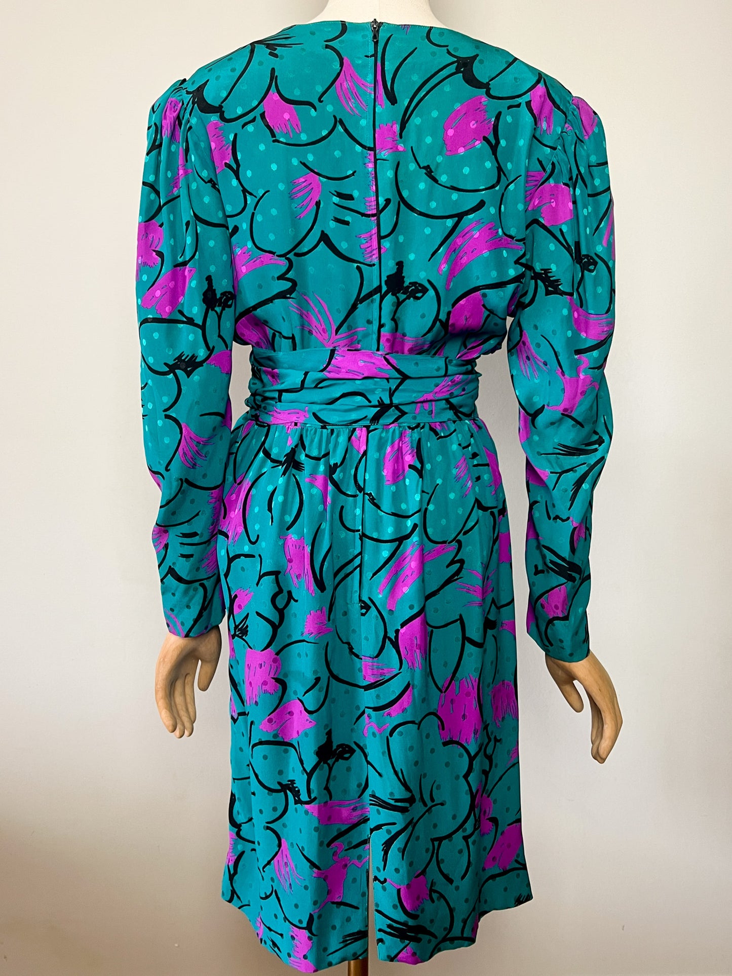 Robe GUY LAROCHE Vintage Luxe 100% Soie - Imprimé Abstrait Vif - Années 80 - Vert Émeraude, Fuchsia, Noir - Taille 38
