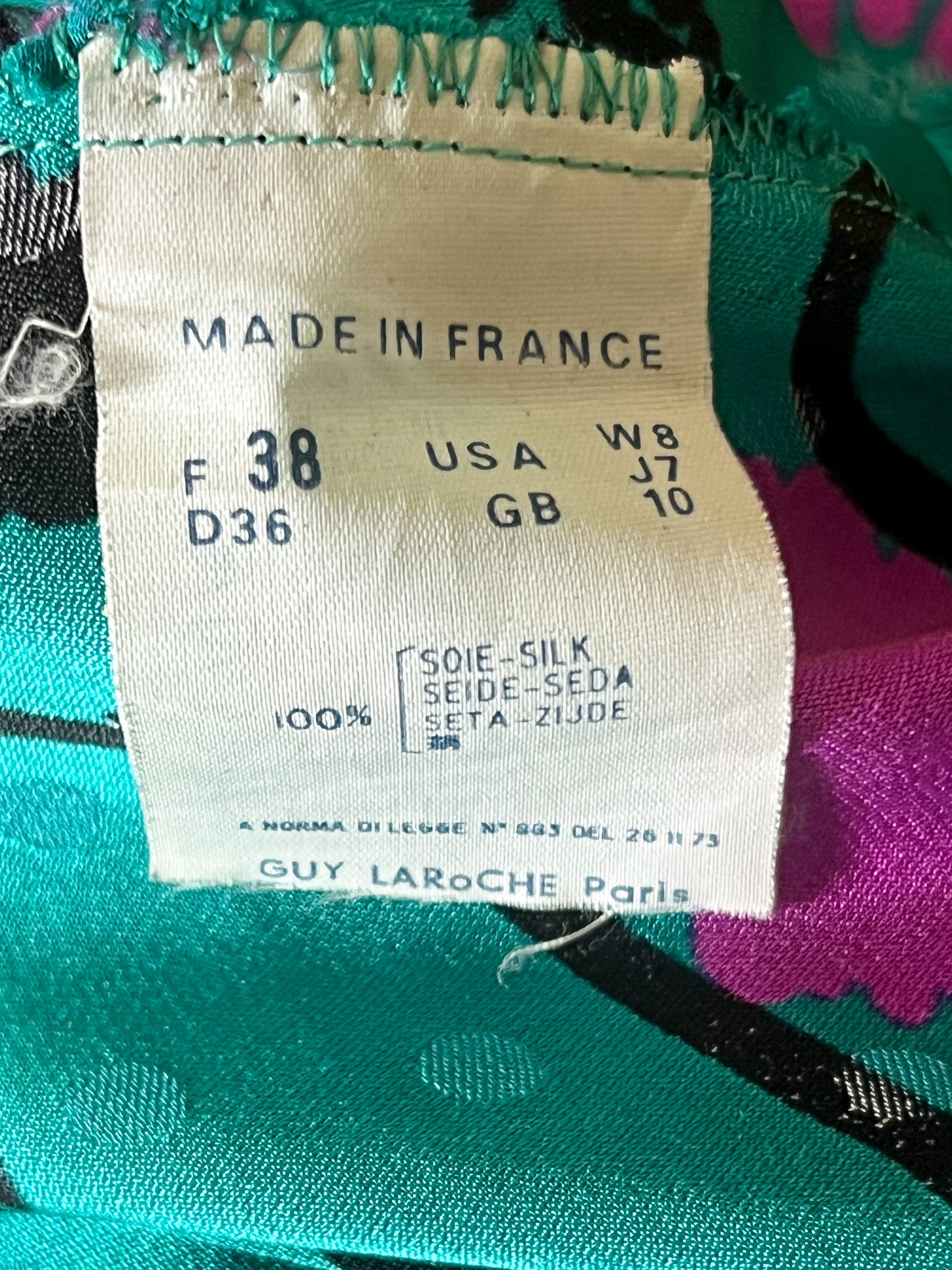 Robe GUY LAROCHE Vintage Luxe 100% Soie - Imprimé Abstrait Vif - Années 80 - Vert Émeraude, Fuchsia, Noir - Taille 38