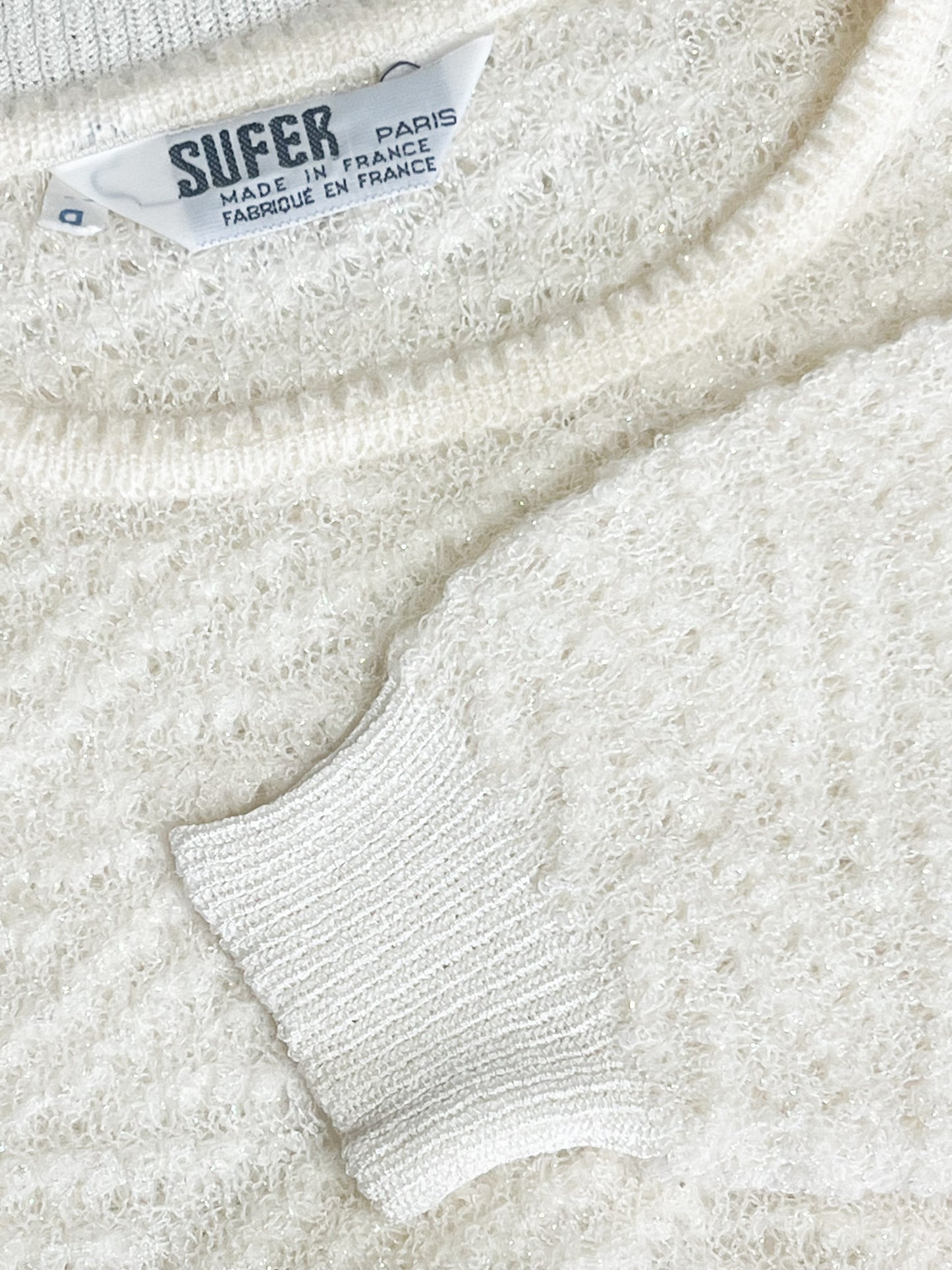 Pull Vintage Années 80 - Blanc Crème & Fils Métallisés - Mohair - Made in France SUFFER Paris – T36/38