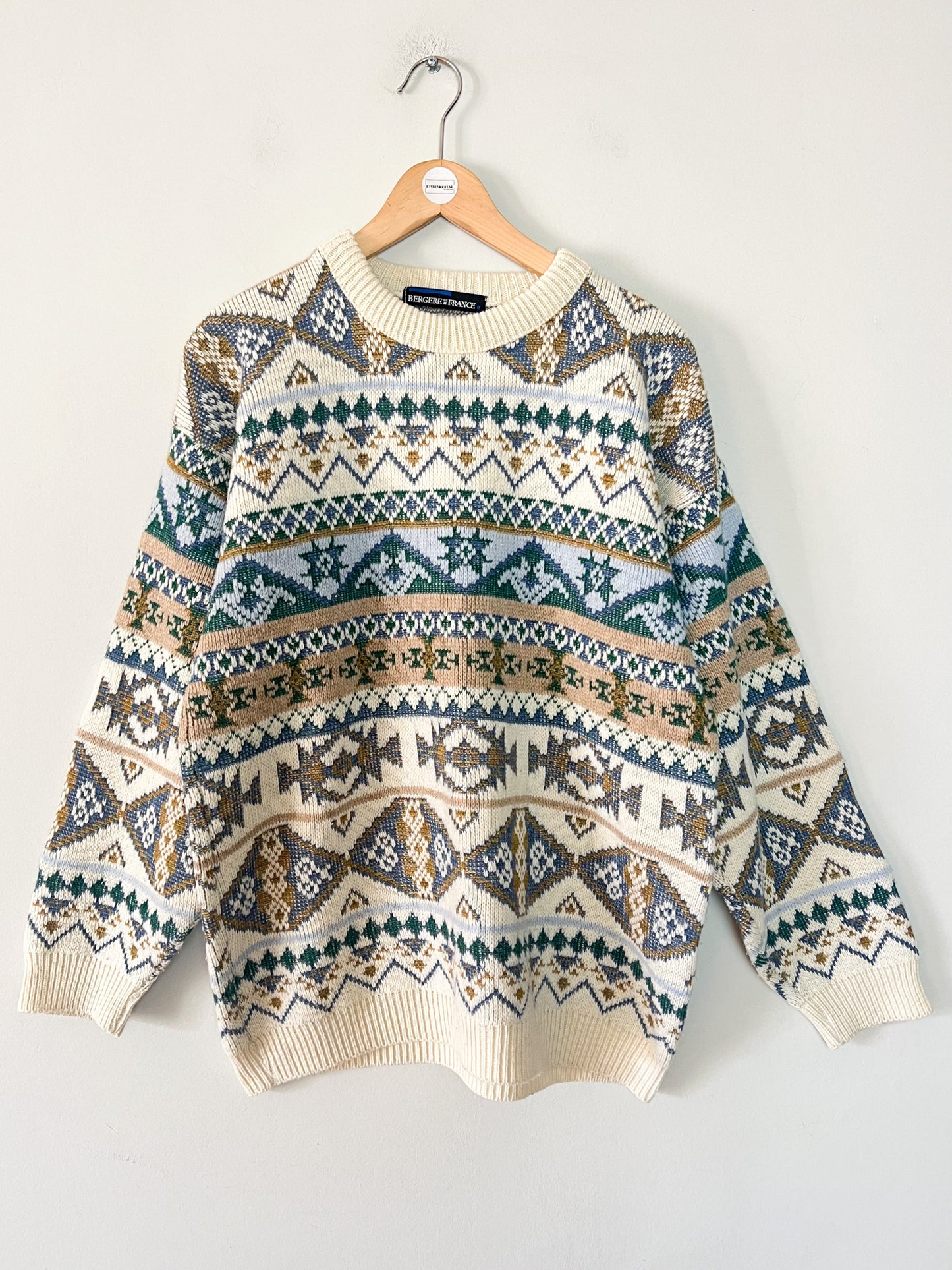 Pull Norvégien Bergère de France - Blanc Crème & Bleu - Laine - Made in France - T. XL/XXL