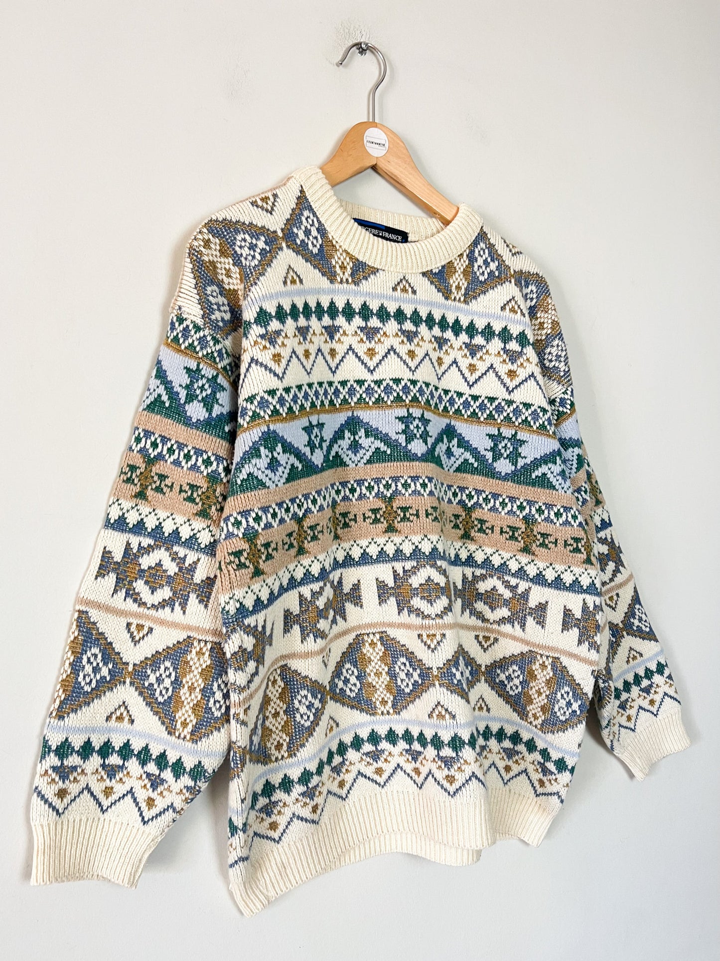 Pull Norvégien Bergère de France - Blanc Crème & Bleu - Laine - Made in France - T. XL/XXL
