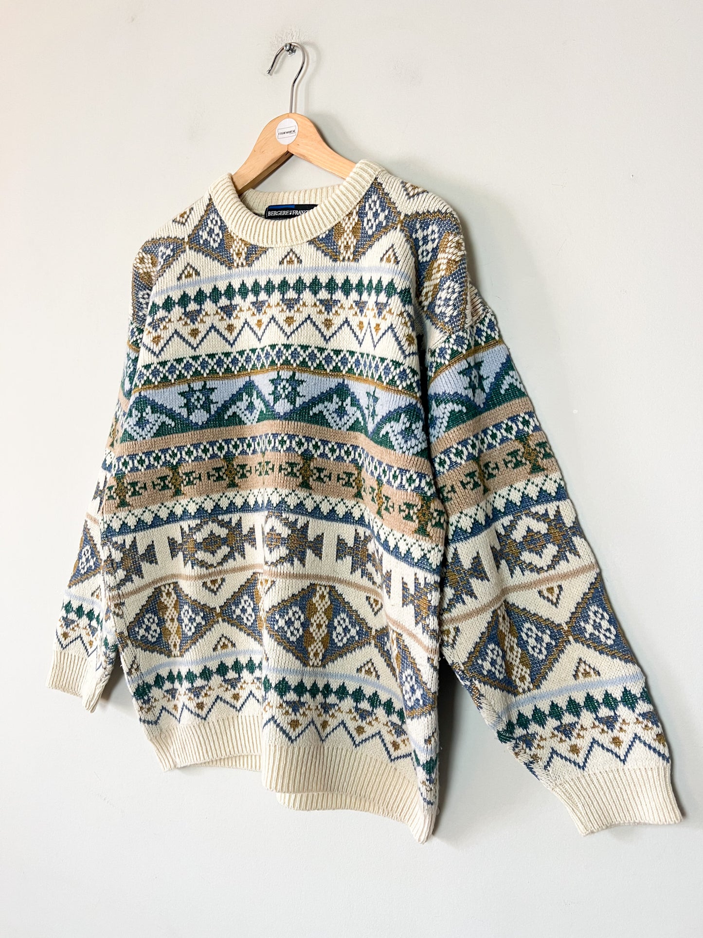 Pull Norvégien Bergère de France - Blanc Crème & Bleu - Laine - Made in France - T. XL/XXL