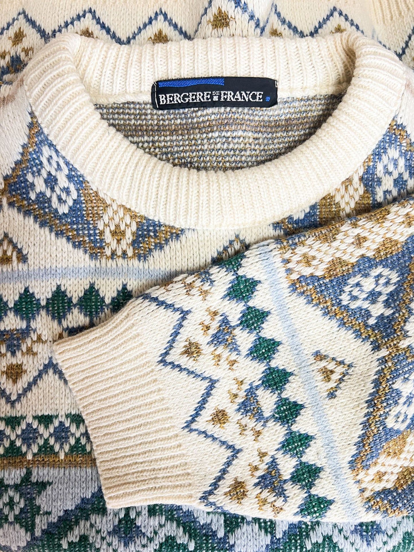 Pull Norvégien Bergère de France - Blanc Crème & Bleu - Laine - Made in France - T. XL/XXL
