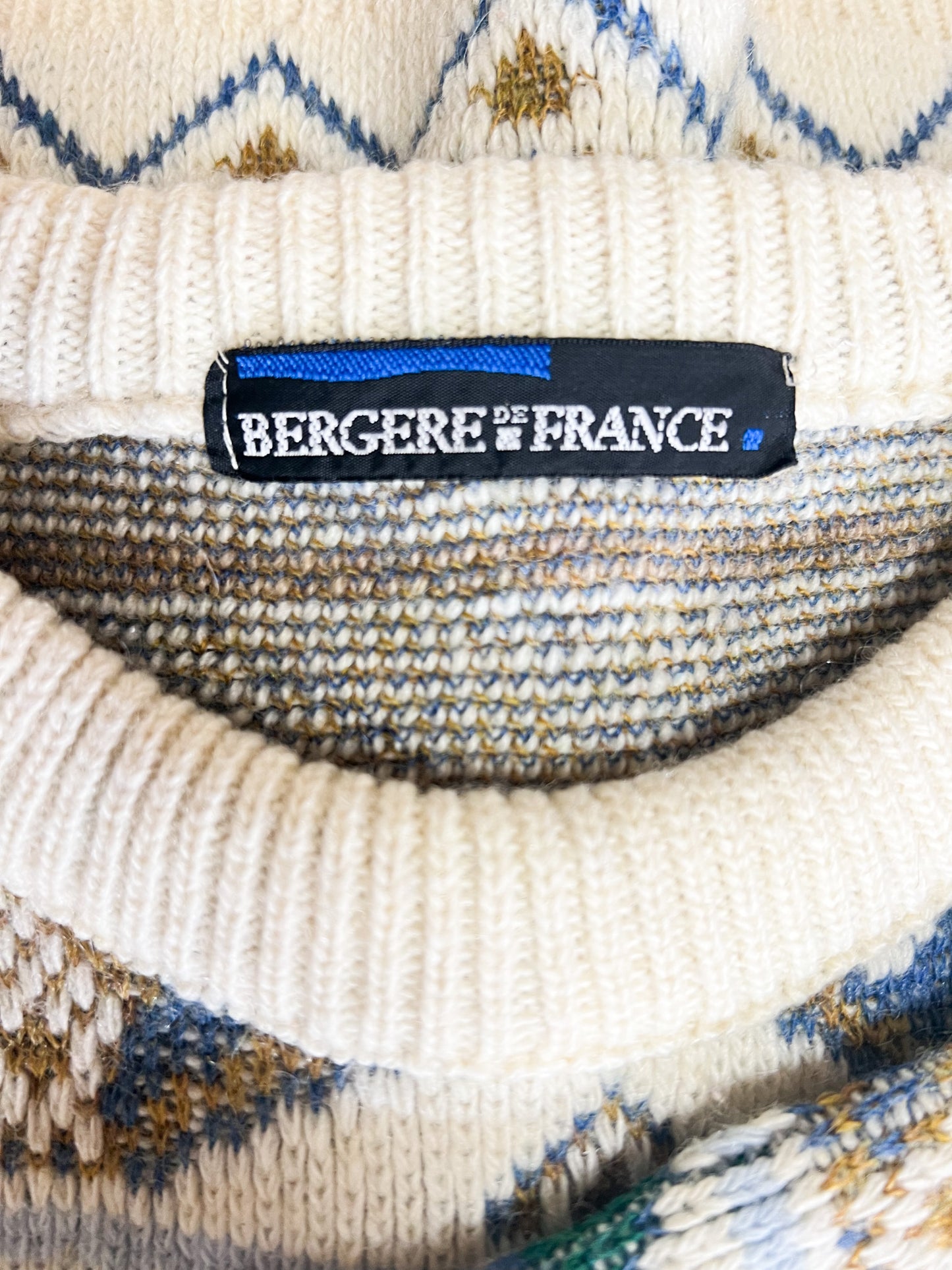 Pull Norvégien Bergère de France - Blanc Crème & Bleu - Laine - Made in France - T. XL/XXL