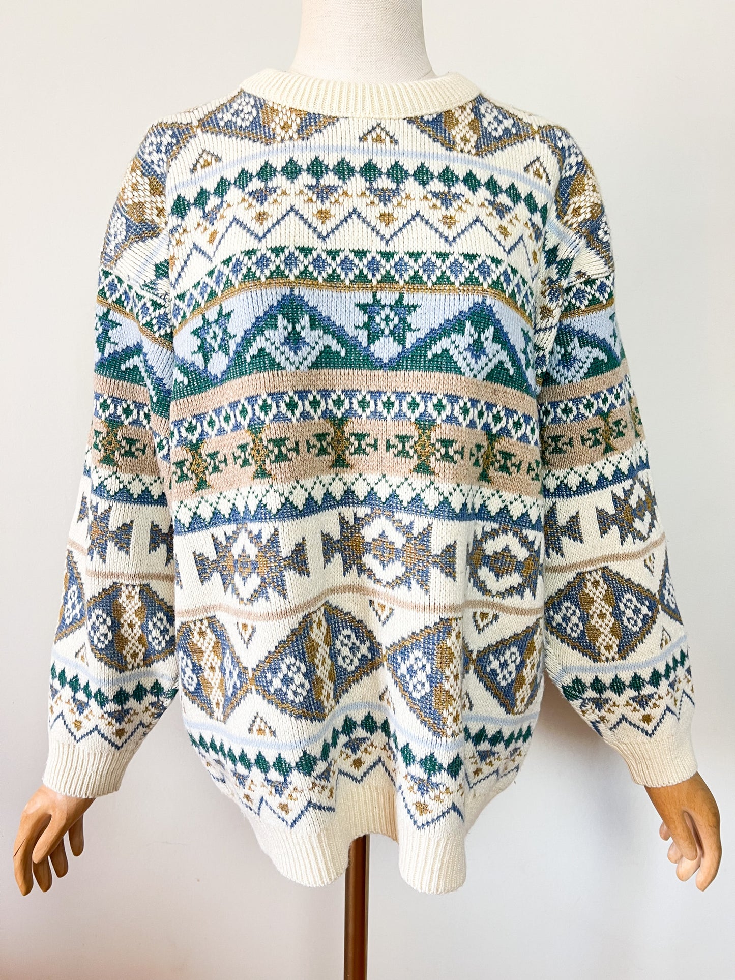 Pull Norvégien Bergère de France - Blanc Crème & Bleu - Laine - Made in France - T. XL/XXL