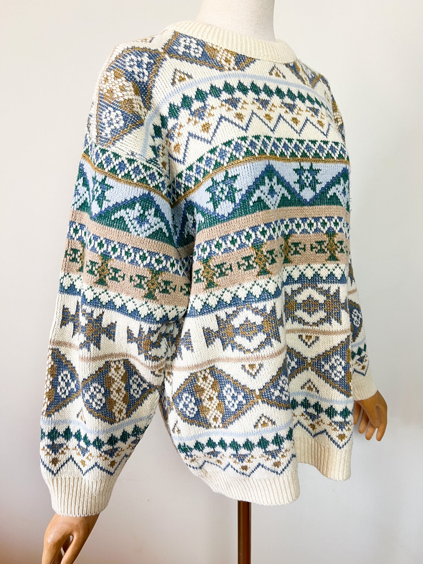 Pull Norvégien Bergère de France - Blanc Crème & Bleu - Laine - Made in France - T. XL/XXL