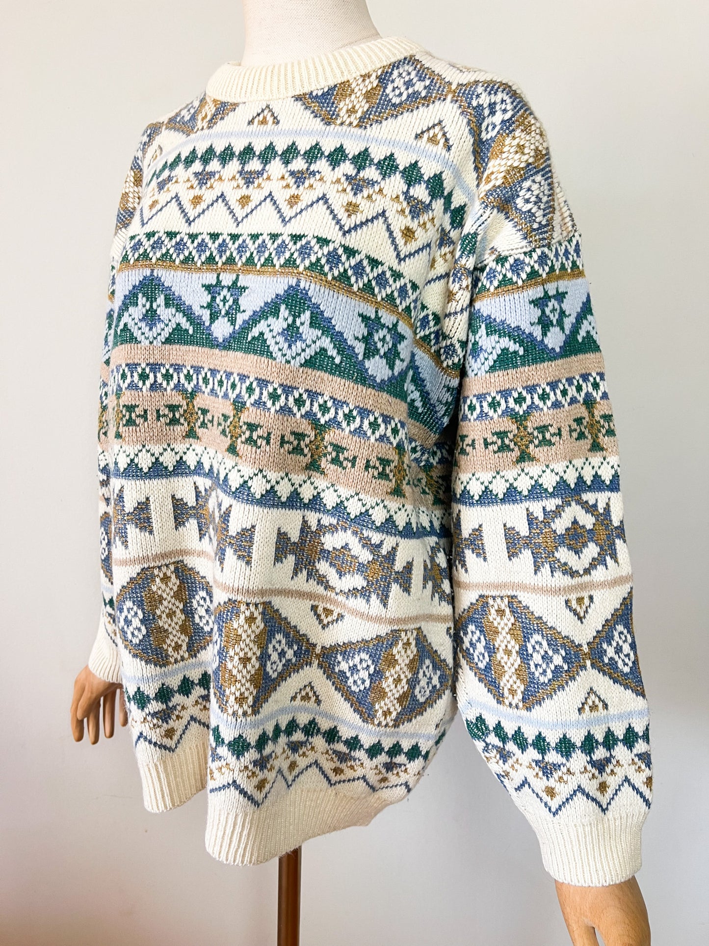 Pull Norvégien Bergère de France - Blanc Crème & Bleu - Laine - Made in France - T. XL/XXL