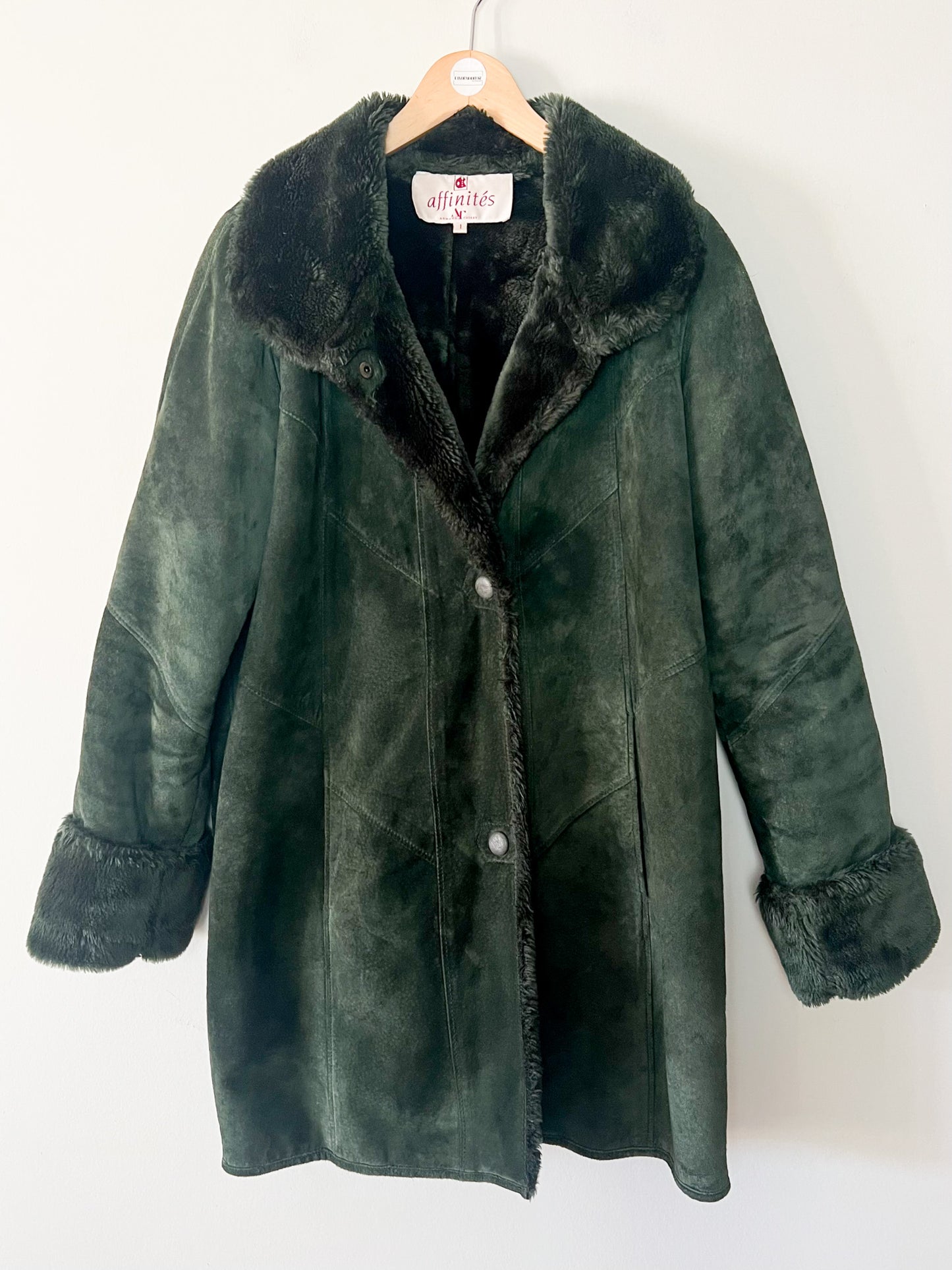 Manteau Vintage en Velours de Cuir Vert & Fausse Fourrure - T 38/40