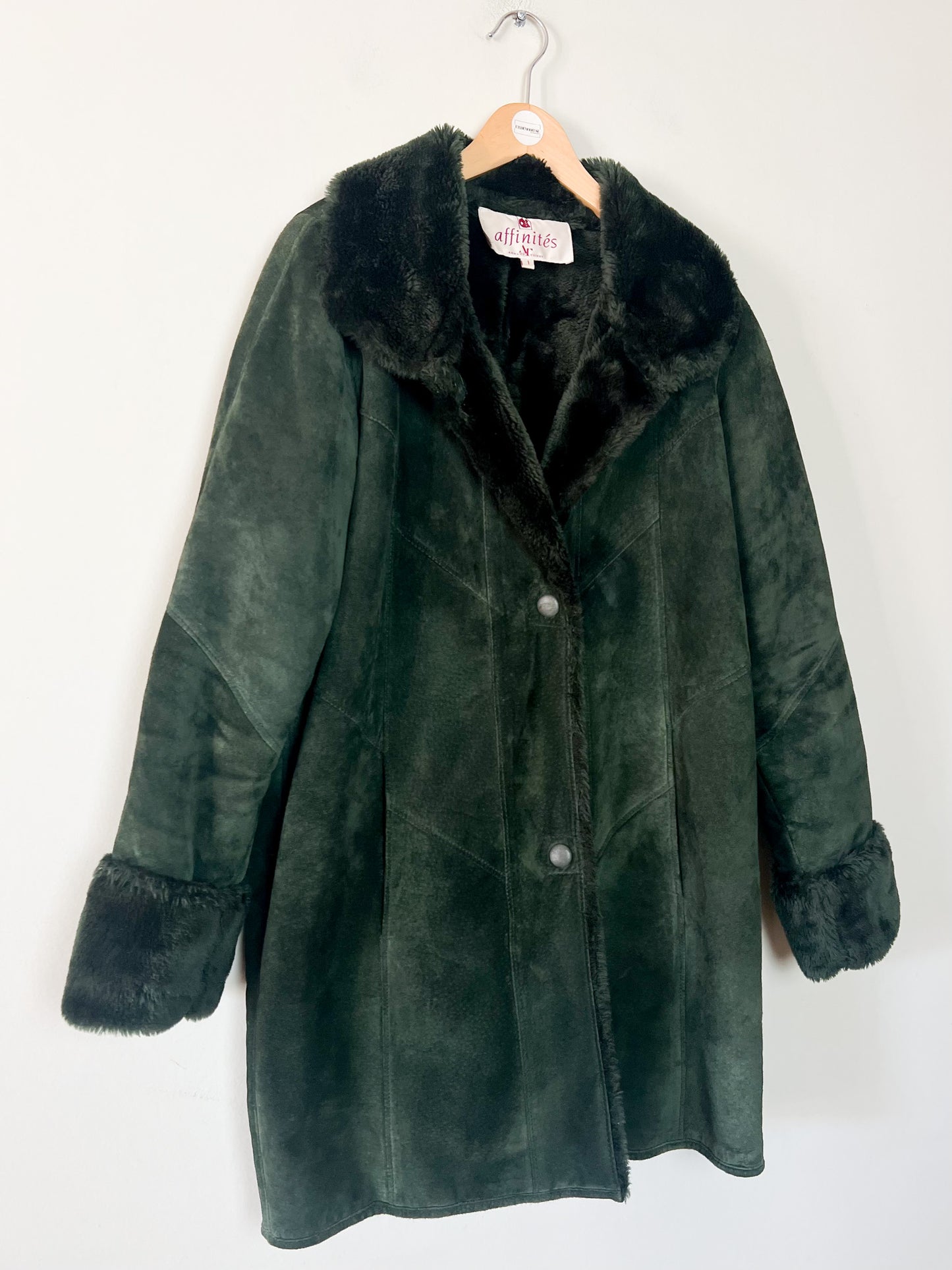 Manteau Vintage en Velours de Cuir Vert & Fausse Fourrure - T 38/40