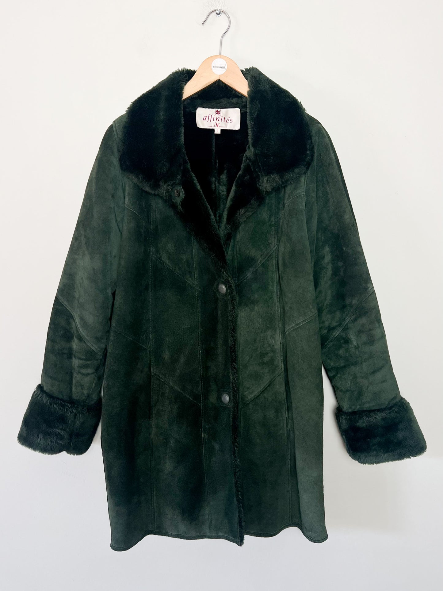 Manteau Vintage en Velours de Cuir Vert & Fausse Fourrure - T 38/40