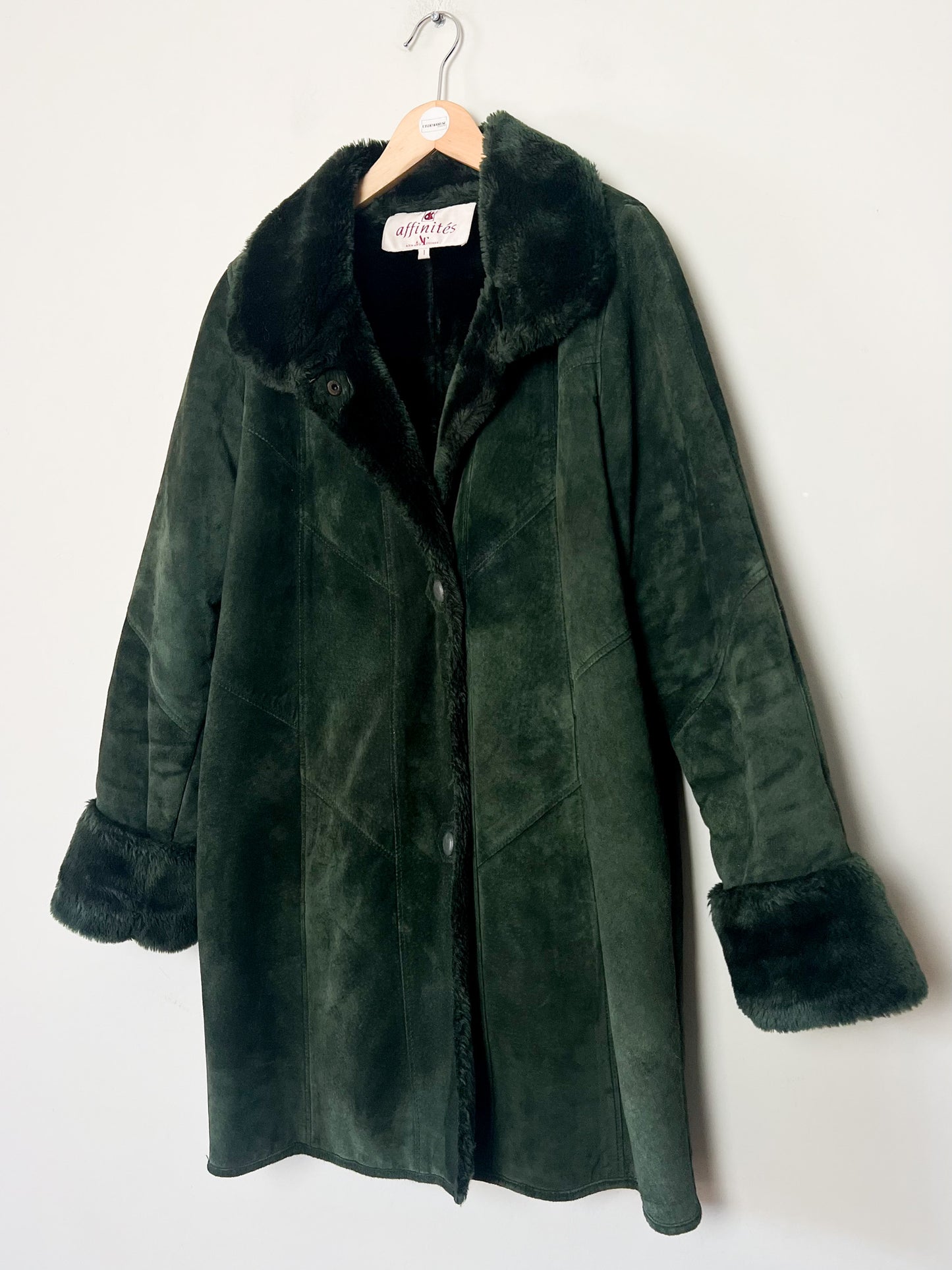 Manteau Vintage en Velours de Cuir Vert & Fausse Fourrure - T 38/40