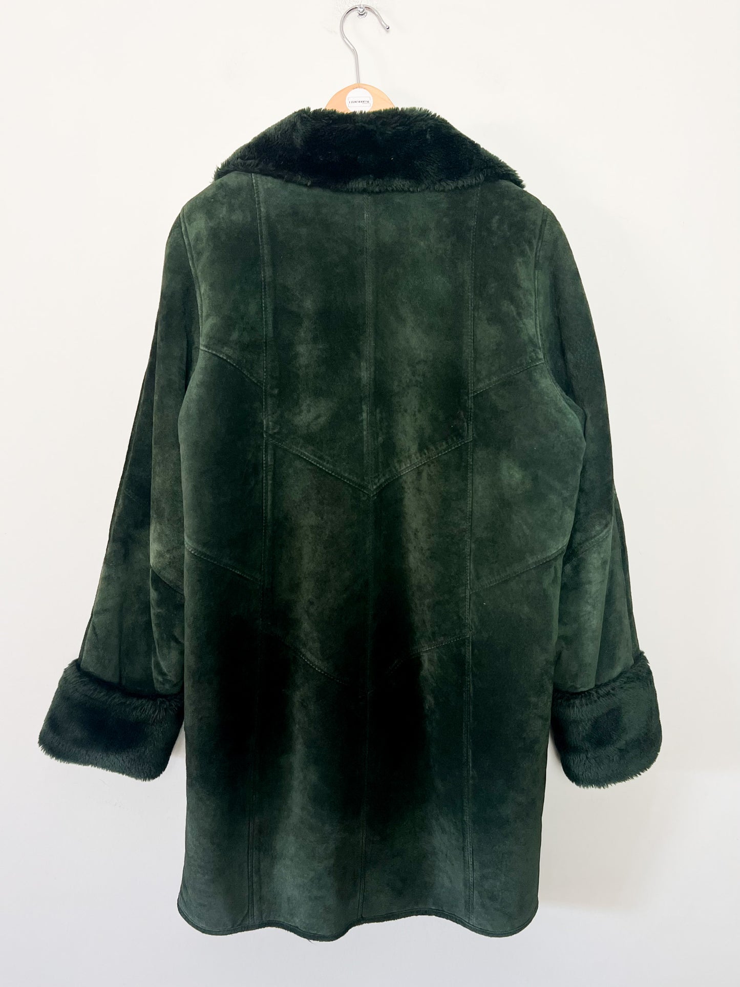 Manteau Vintage en Velours de Cuir Vert & Fausse Fourrure - T 38/40