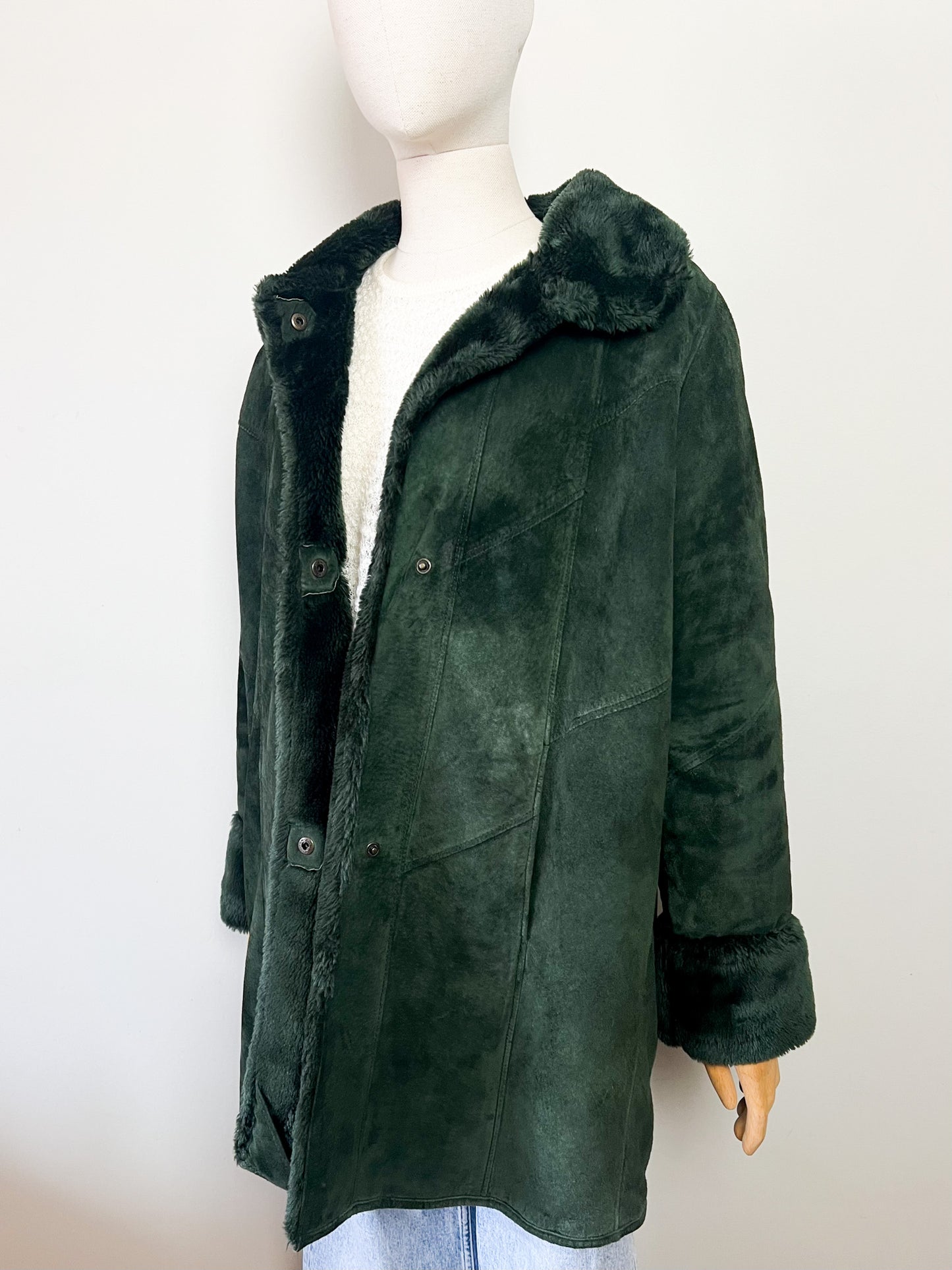 Manteau Vintage en Velours de Cuir Vert & Fausse Fourrure - T 38/40