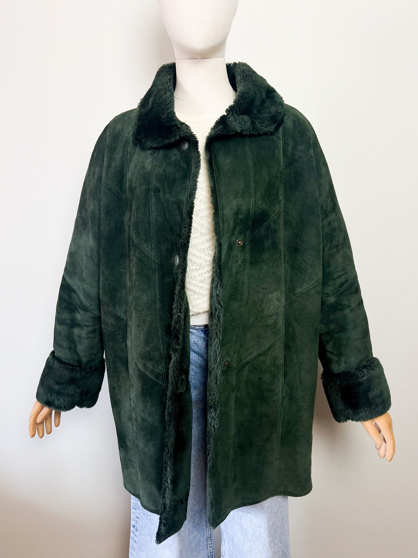 Manteau Vintage en Velours de Cuir Vert & Fausse Fourrure - T 38/40