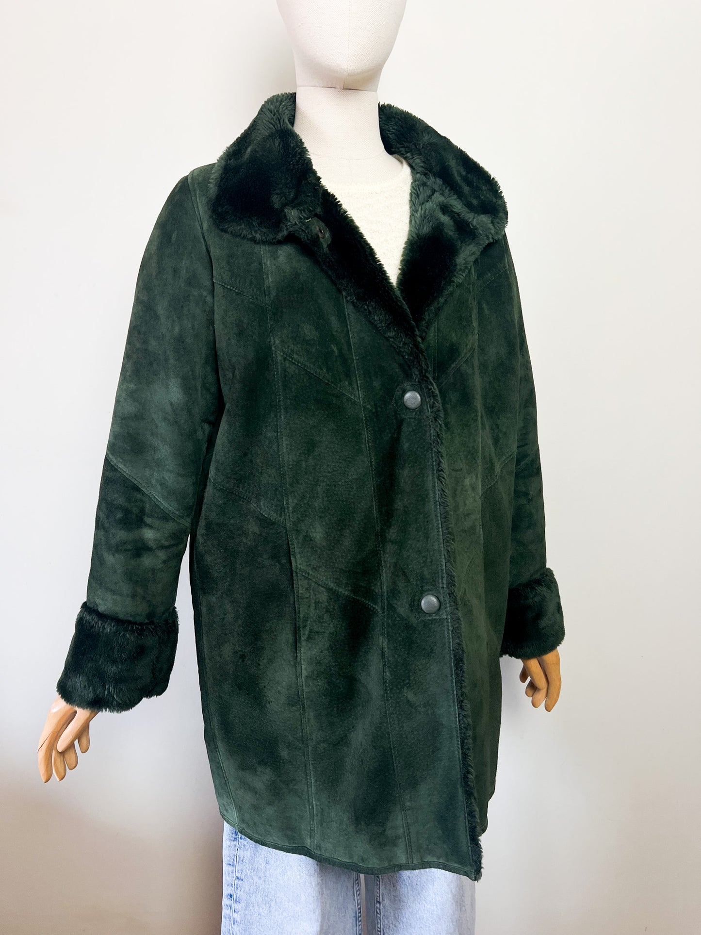 Manteau Vintage en Velours de Cuir Vert & Fausse Fourrure - T 38/40