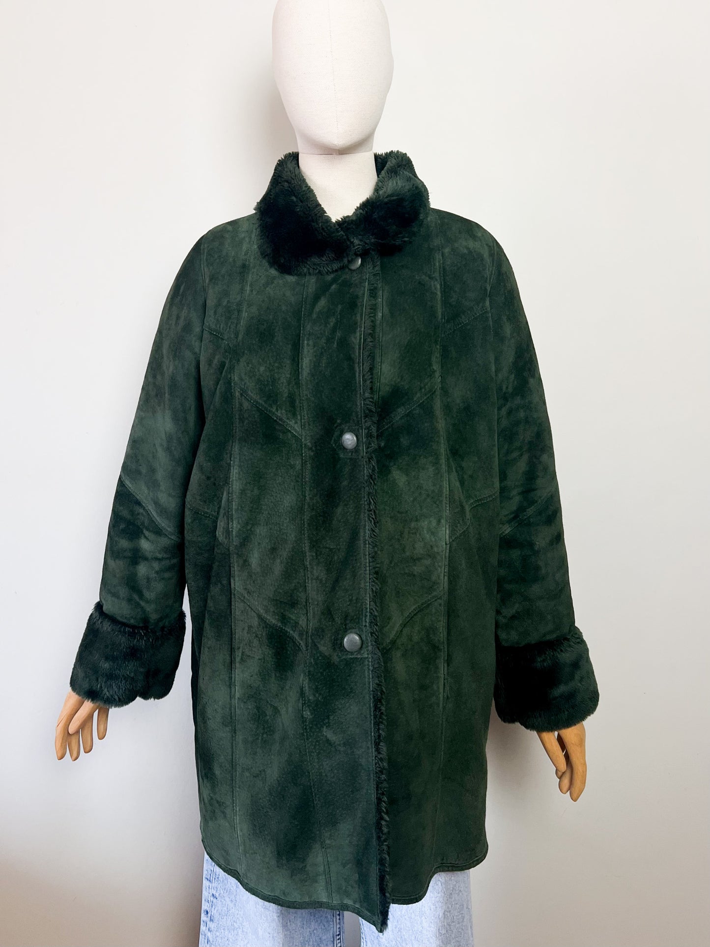 Manteau Vintage en Velours de Cuir Vert & Fausse Fourrure - T 38/40