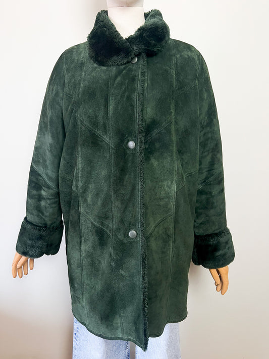 Manteau Vintage en Velours de Cuir Vert & Fausse Fourrure - T 38/40