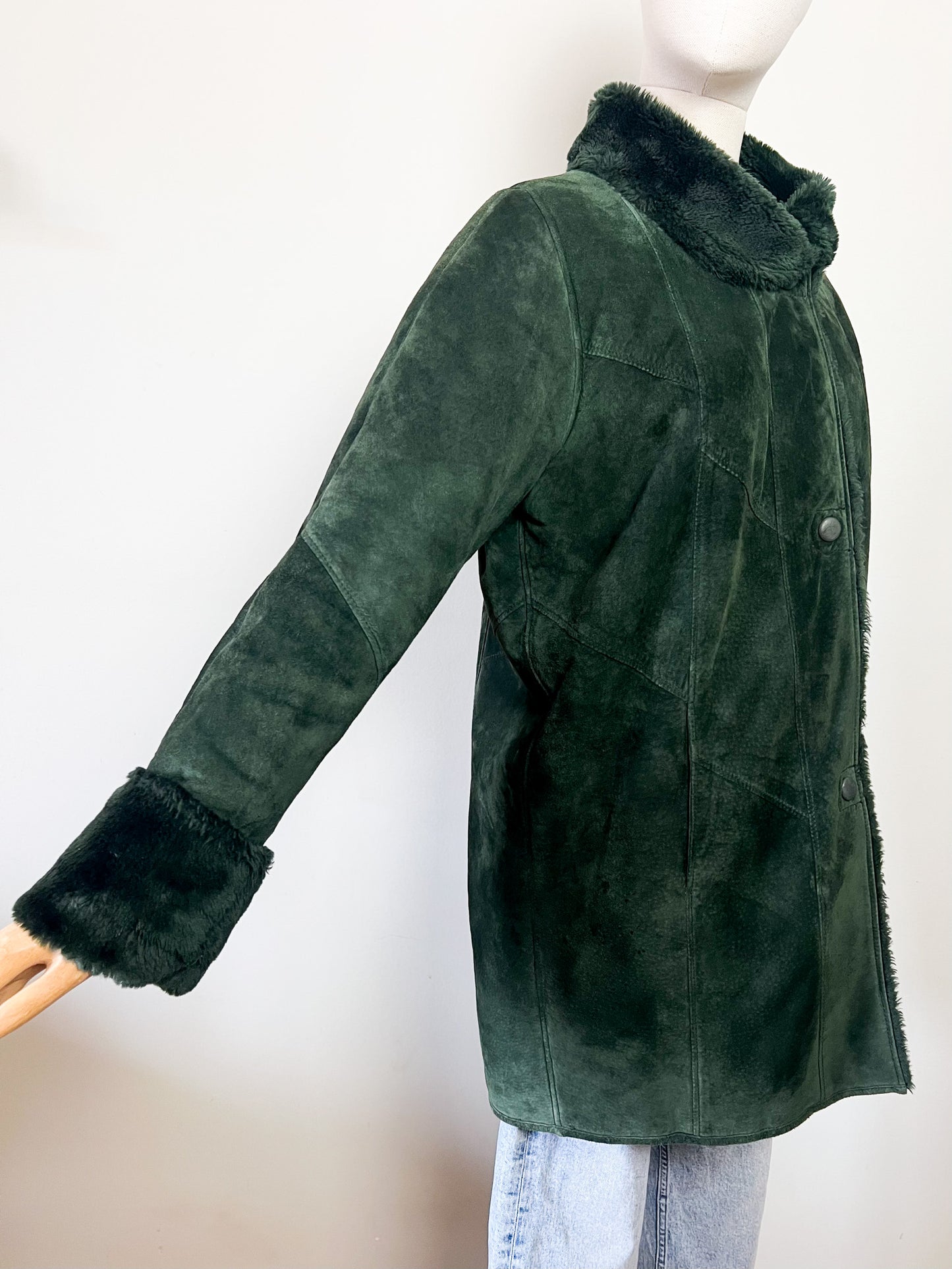 Manteau Vintage en Velours de Cuir Vert & Fausse Fourrure - T 38/40