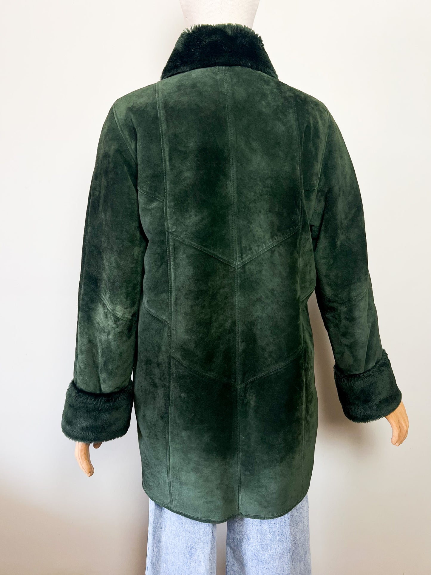Manteau Vintage en Velours de Cuir Vert & Fausse Fourrure - T 38/40