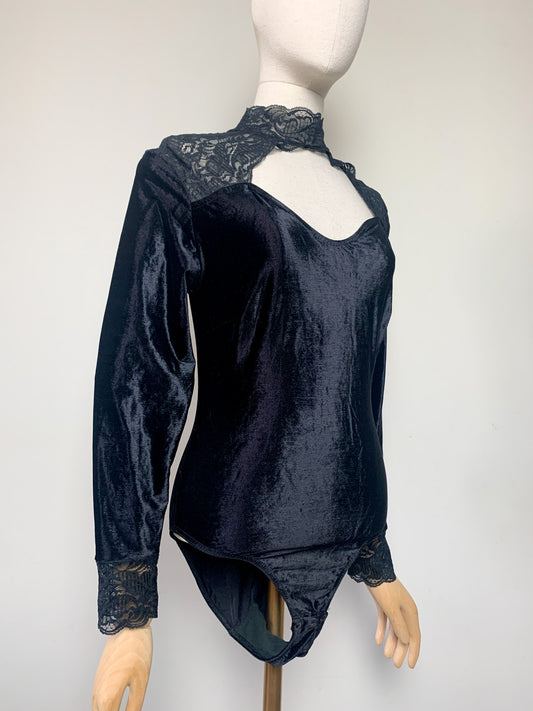 Body The Insomnia Cafe Vintage Noir Velours & Dentelle - Col Montant Cut-Out - Années 90 / Y2K - T. 42/44 FR (L/XL)