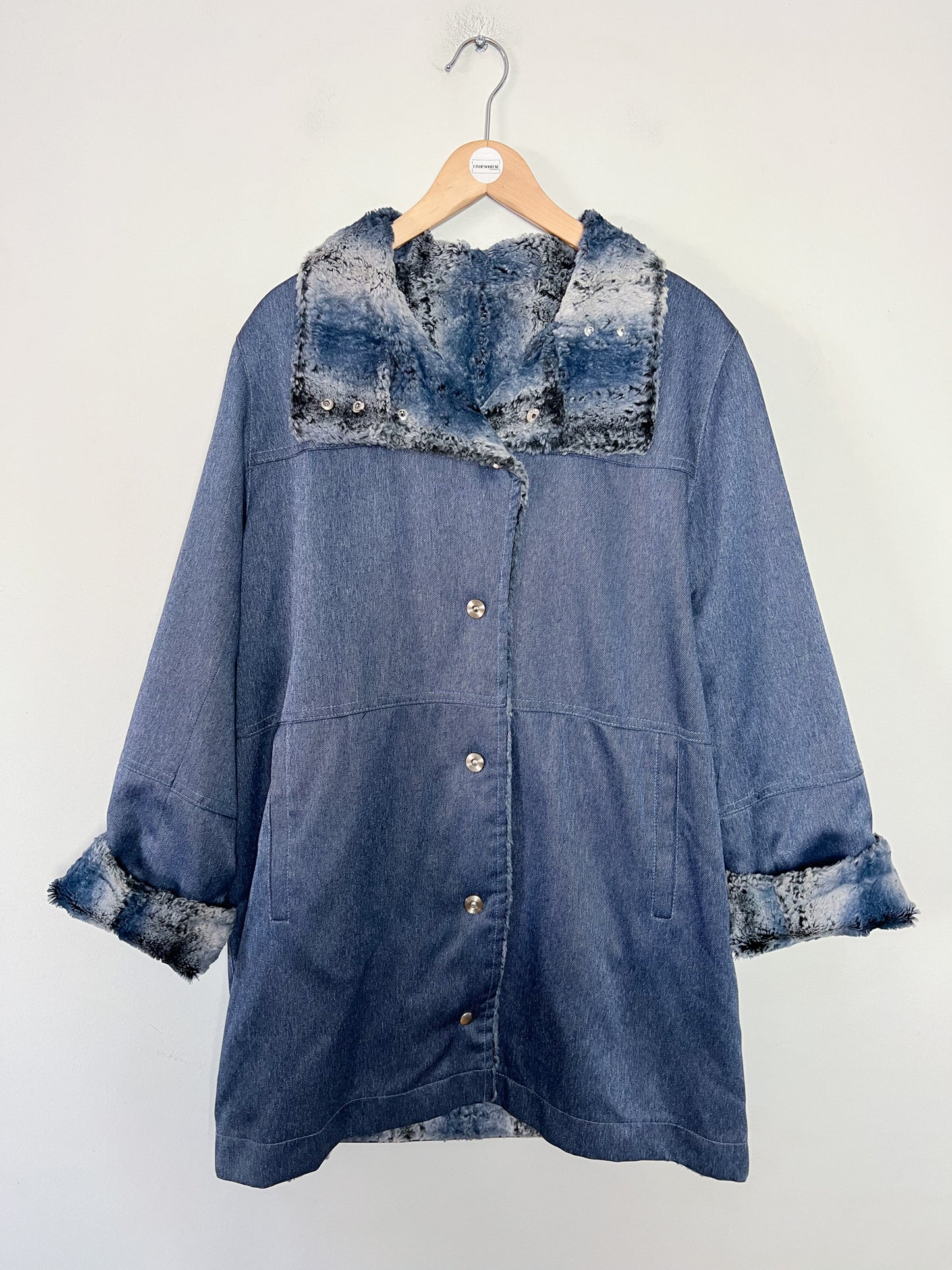 Manteau Mi-Saison Bleu Satiné - Doublure Fausse Fourrure - Look Y2K - T. 40/42
