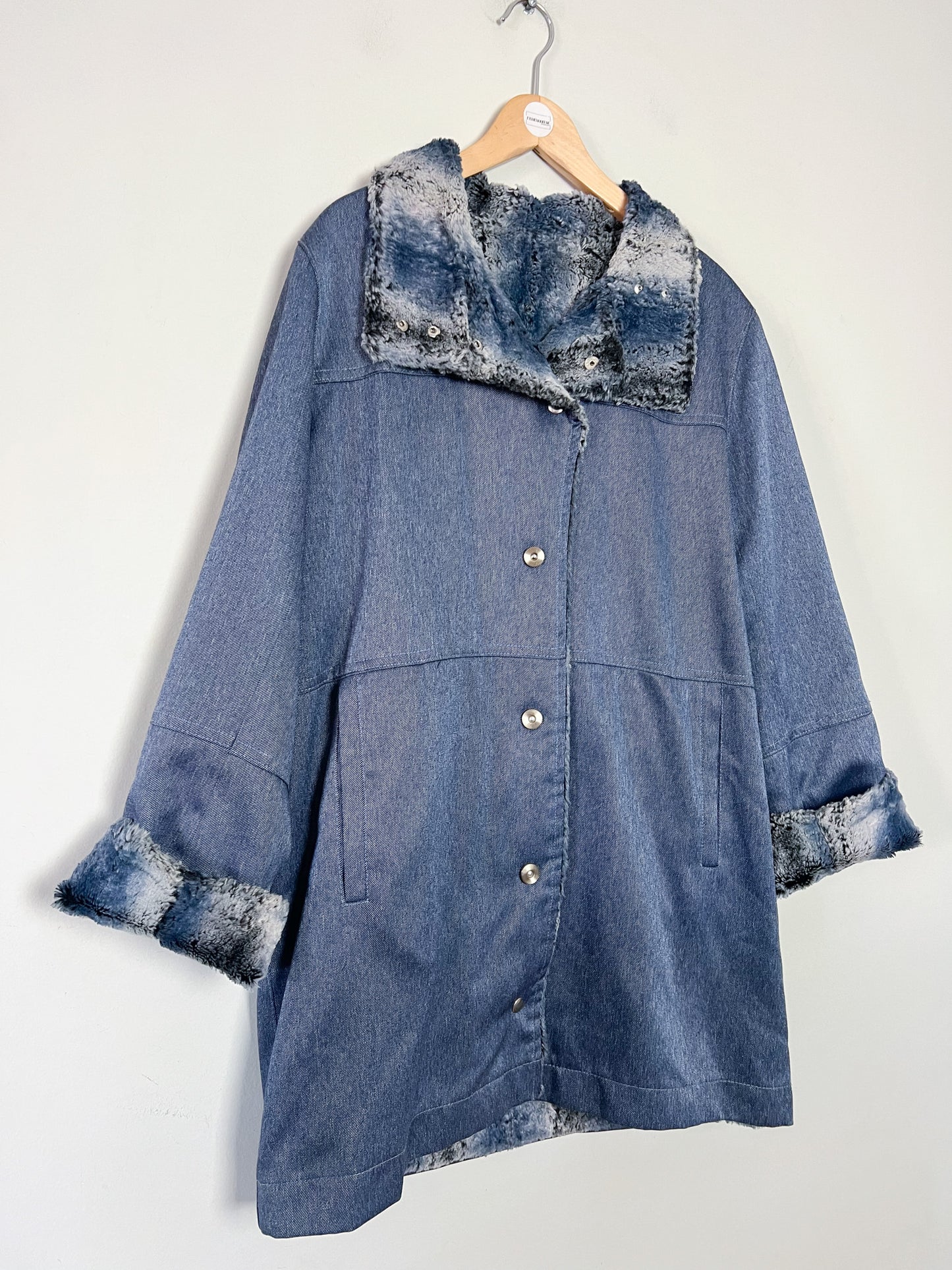 Manteau Mi-Saison Bleu Satiné - Doublure Fausse Fourrure - Look Y2K - T. 40/42